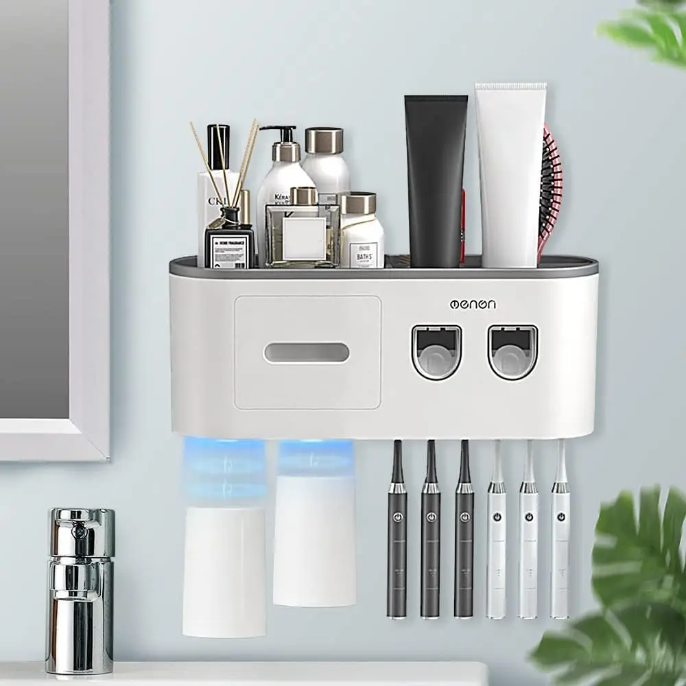 Wall Mounted Toothbrush Holder with 6 Slots, 2 Auto Dispensers, 2 Magnetic Cups & Drawer
Wall Mounted Toothbrush Holder with 6 Slots, 2 Auto Dispensers, 2 Magnetic Cups & Drawer