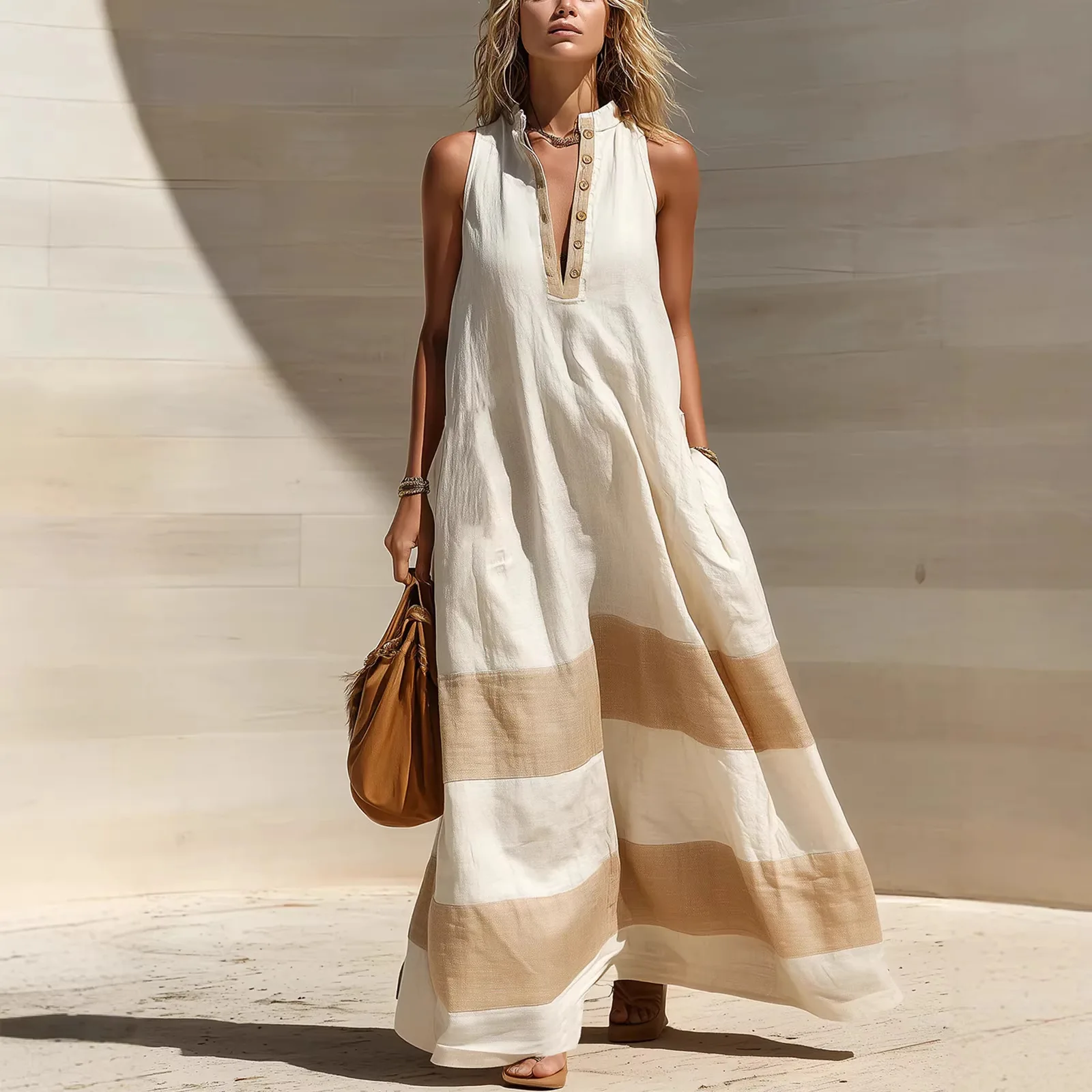 Cotton and linen large-size women's clothing literary splicing contrasting color long short-sleeved dress
Cotton and linen large-size women's clothing literary splicing contrasting color long short-sleeved dress