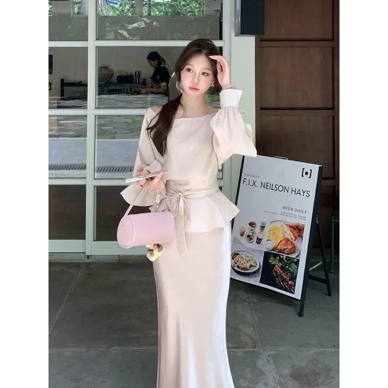 Women's French Style Two Piece Set Long Sleeve Tie Waist Top Satin Mermaid Midi Skirt Outfit In Light Pink
Women's French Style Two Piece Set Long Sleeve Tie Waist Top Satin Mermaid Midi Skirt Outfit In Light Pink