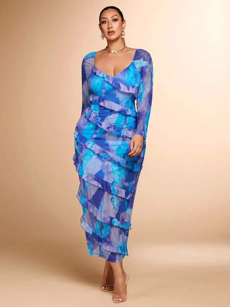 Plus Size Tie-Dye Mesh Ruffled Long Sleeve Asymmetrical V-Neck Midi Dress For Daily Outings Dates Holidays
Plus Size Tie-Dye Mesh Ruffled Long Sleeve Asymmetrical V-Neck Midi Dress For Daily Outings Dates Holidays