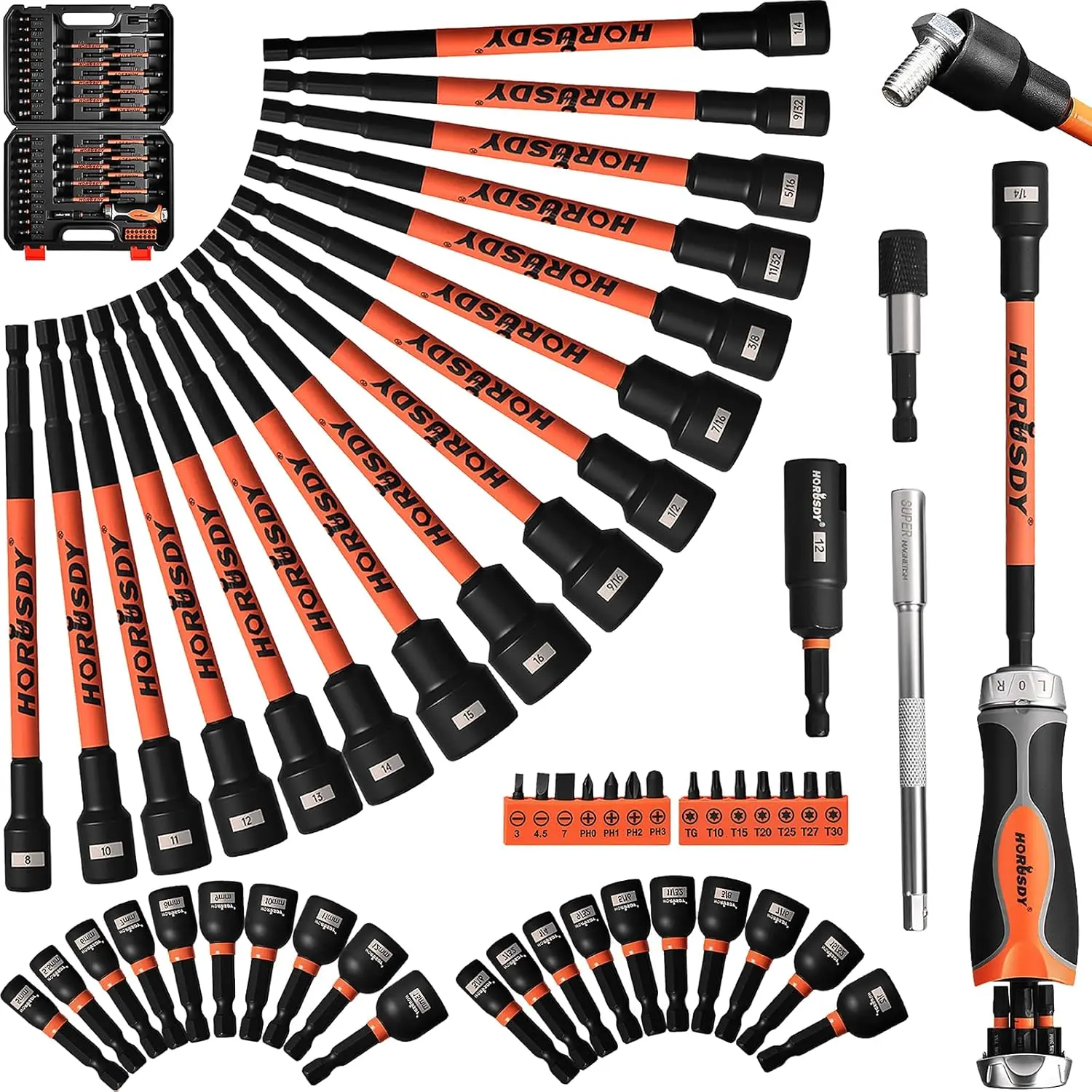 59-Piece Magnetic Nut Driver Set with Ratcheting Screwdriver, SAE & Metric Sockets for Impact Drills
59-Piece Magnetic Nut Driver Set with Ratcheting Screwdriver, SAE & Metric Sockets for Impact Drills