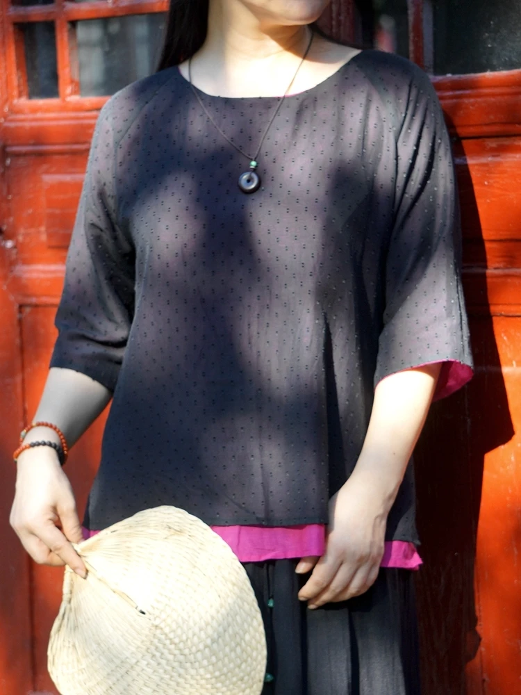 Летний женский шелковый хлопковый двухслойный ор Све irt Original Artistic Commuter Bla And Plum Color Small Top
Летний женский шелковый хлопковый двухслойный ор Све irt Original Artistic Commuter Bla And Plum Color Small Top