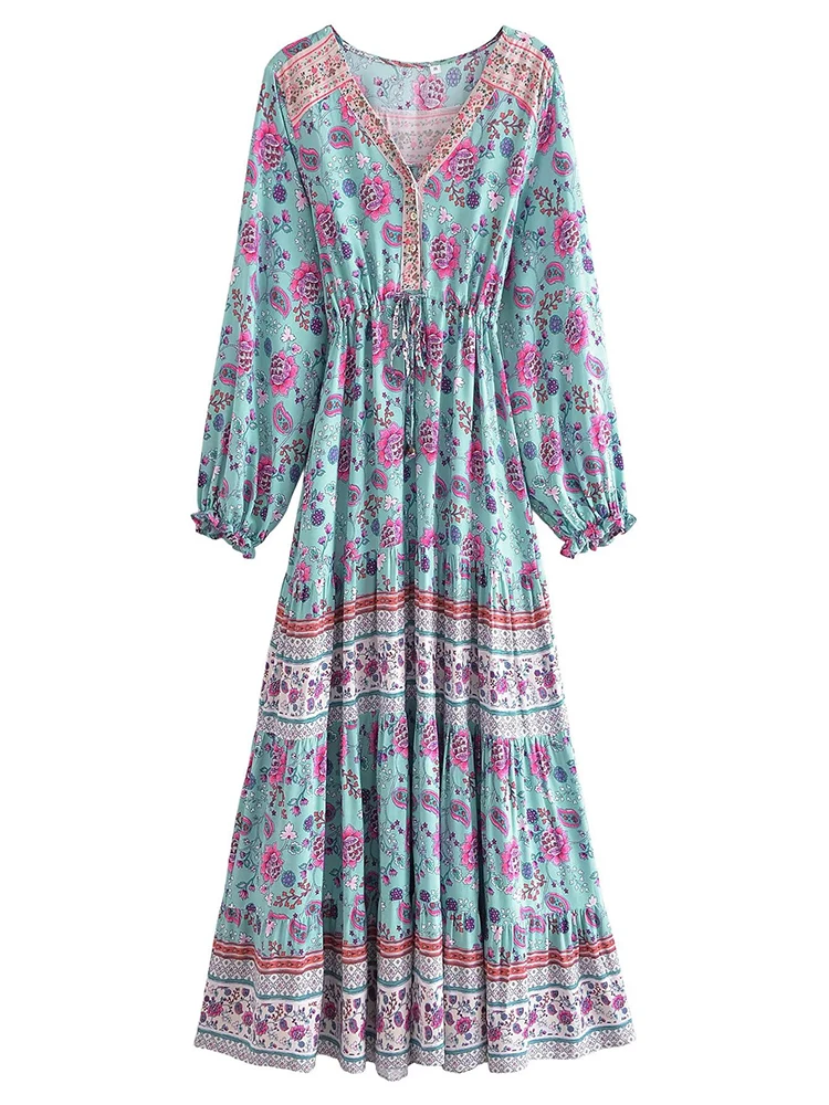 Autumn Women Vintage Drawstring Waist V Neck Flroal Print Holiday Casual Dresses
Autumn Women Vintage Drawstring Waist V Neck Flroal Print Holiday Casual Dresses