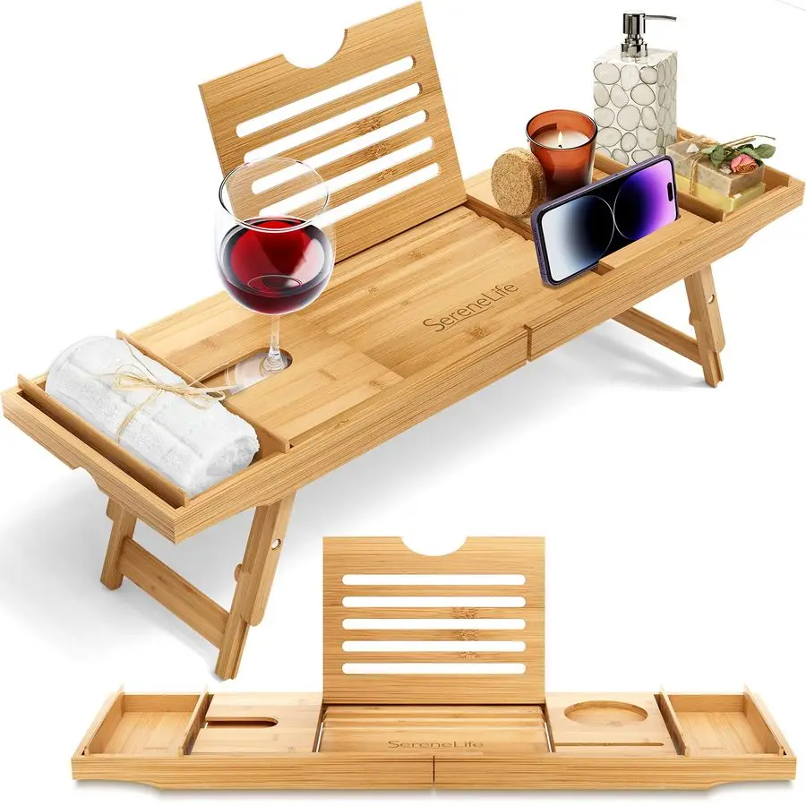 Bath Caddy Breakfast Tray Combo Natural Bamboo Wood Waterproof Tub and Bed with Folding SlideOut Arms, Device Grooves, Wine Glas
Bath Caddy Breakfast Tray Combo Natural Bamboo Wood Waterproof Tub and Bed with Folding SlideOut Arms, Device Grooves, Wine Glas