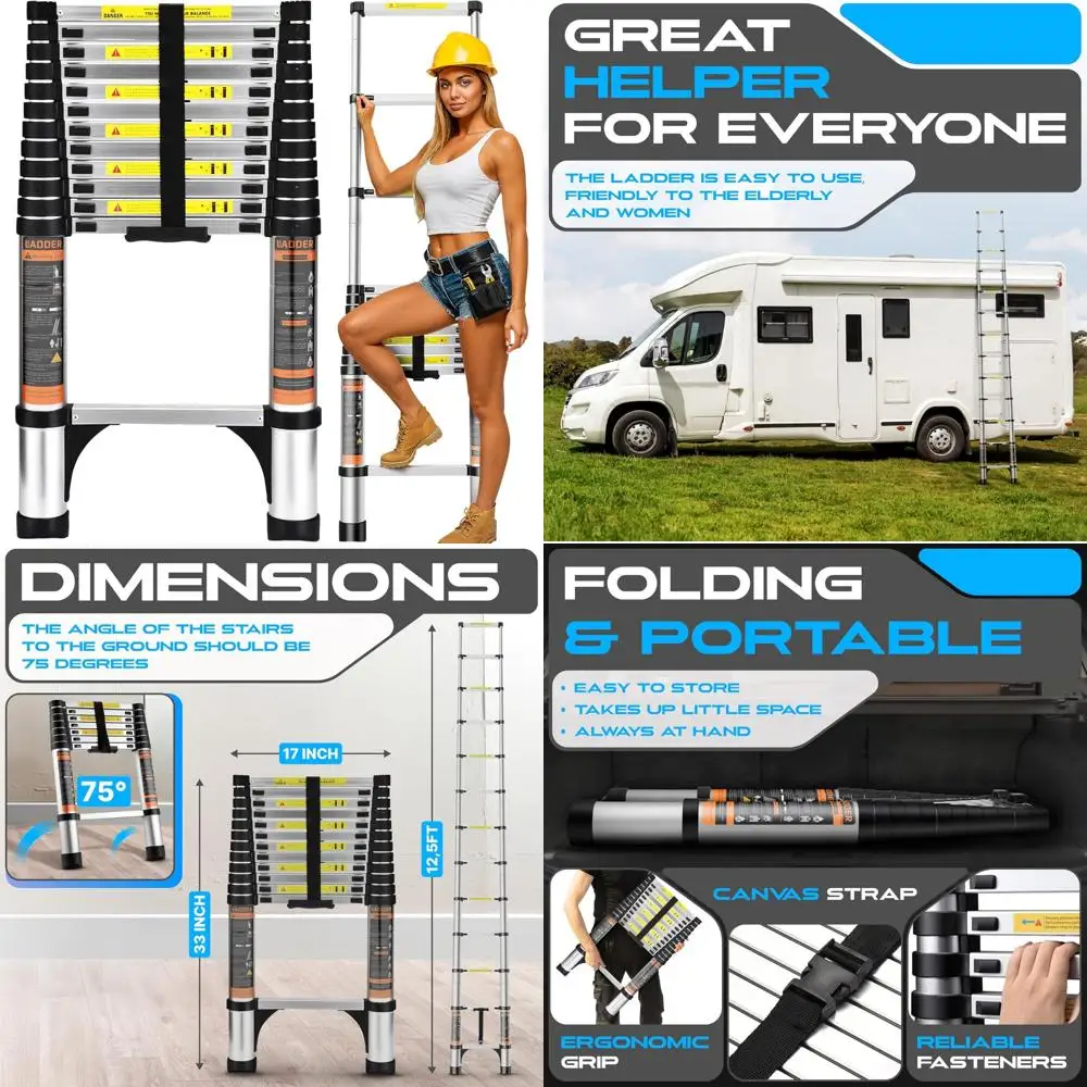 Folding Telescoping Ladder (Black Silver), 12.5 FT Aluminum Extension Ladder Folding Compact Portable Anti-Slip Collapsible Ladd
Folding Telescoping Ladder (Black Silver), 12.5 FT Aluminum Extension Ladder Folding Compact Portable Anti-Slip Collapsible Ladd