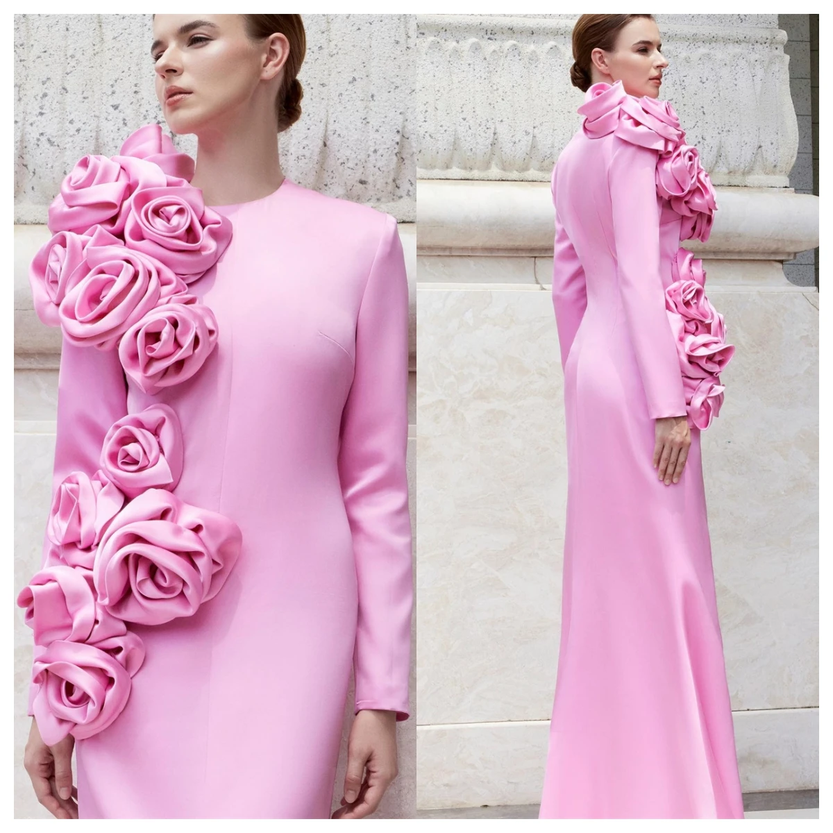 Customized Luxury Pink Satin Evening Dress Mermaid Crew Neck Long Sleeves Celebrity Gowns Flowers Special Occasion Gow
Customized Luxury Pink Satin Evening Dress Mermaid Crew Neck Long Sleeves Celebrity Gowns Flowers Special Occasion Gow