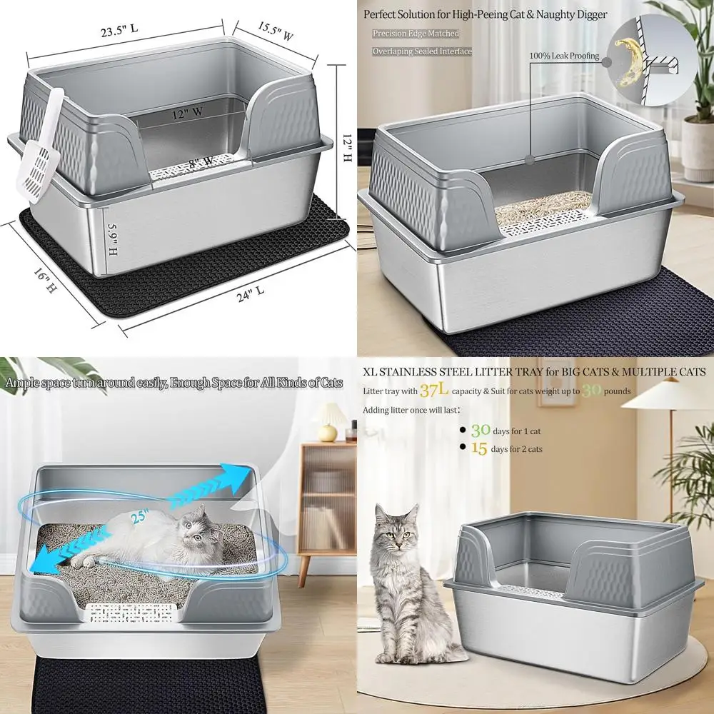 Extra Large High-Sided Stainless Steel Cat Litter Box with Lid, 23.7L x 16W x 14H, Anti-Leakage, Grey
Extra Large High-Sided Stainless Steel Cat Litter Box with Lid, 23.7L x 16W x 14H, Anti-Leakage, Grey