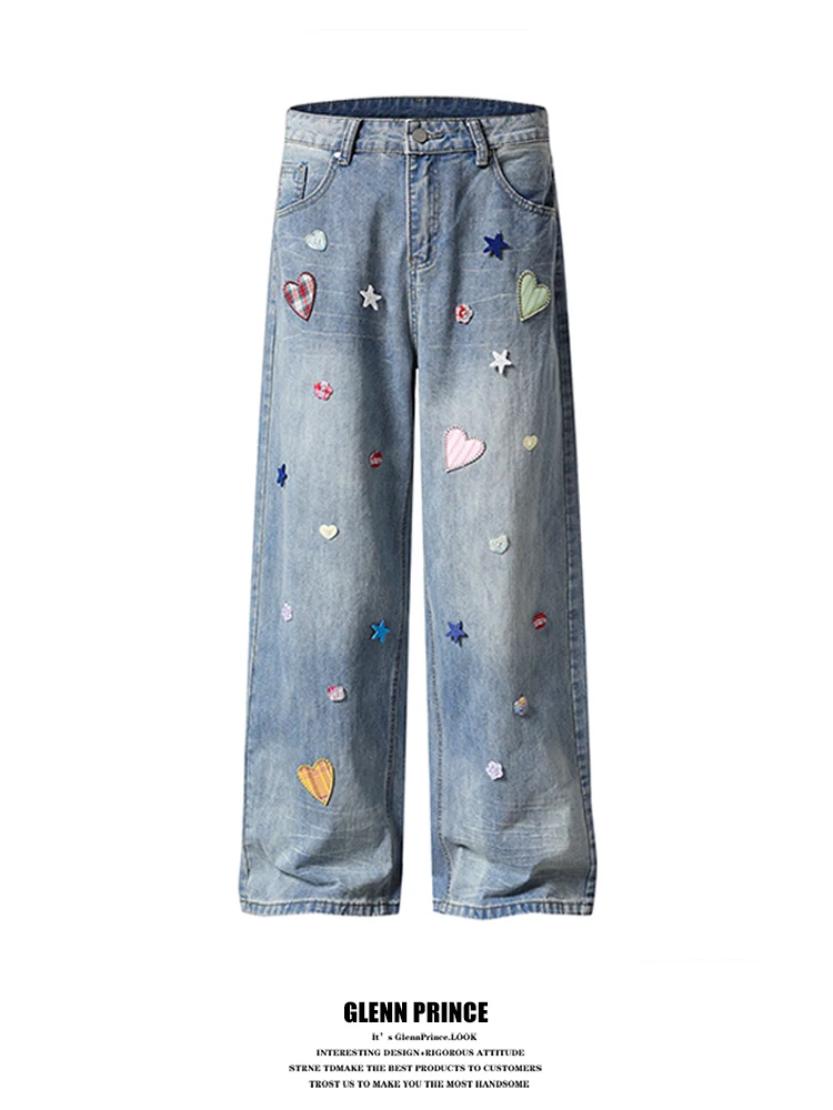 Korean Style 3D Decorated Denim Jeans Men's Wide Leg Floor-Length Pants Star Heart Embroidery Youth Fashion Casual Jeans
Korean Style 3D Decorated Denim Jeans Men's Wide Leg Floor-Length Pants Star Heart Embroidery Youth Fashion Casual Jeans