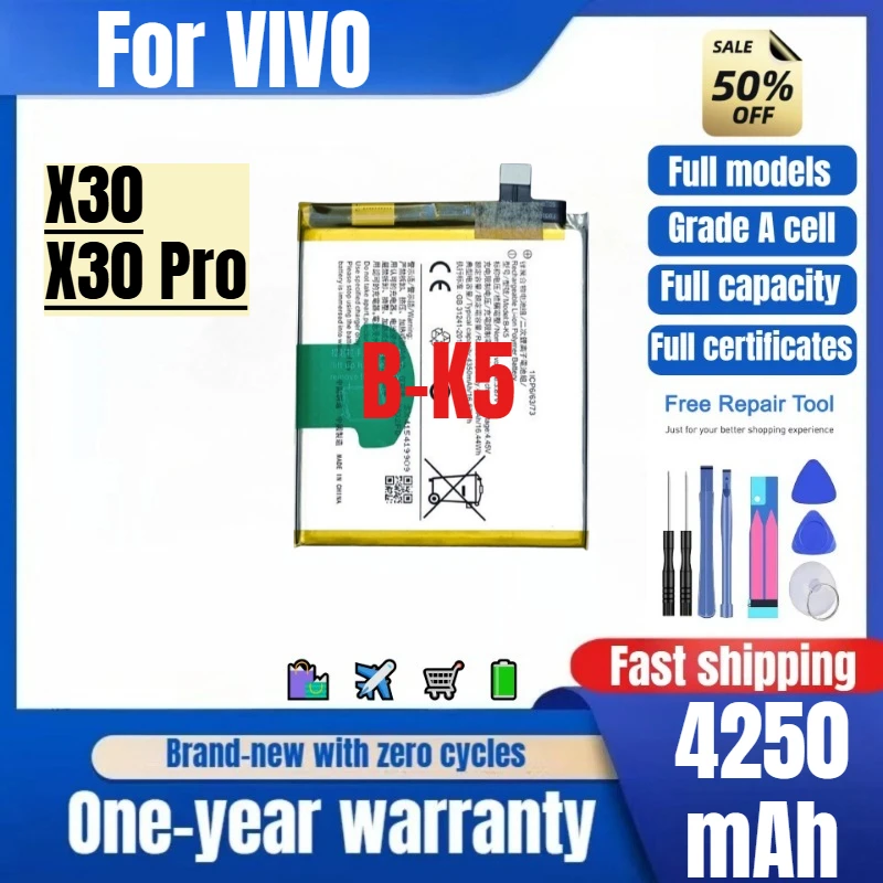 B-K5 for VIVO X30/X30Pro Phone Battery 0 Cycle High Quality High Capacity Battery Replacement Bateria Grade A Cell with Tools
B-K5 for VIVO X30/X30Pro Phone Battery 0 Cycle High Quality High Capacity Battery Replacement Bateria Grade A Cell with Tools