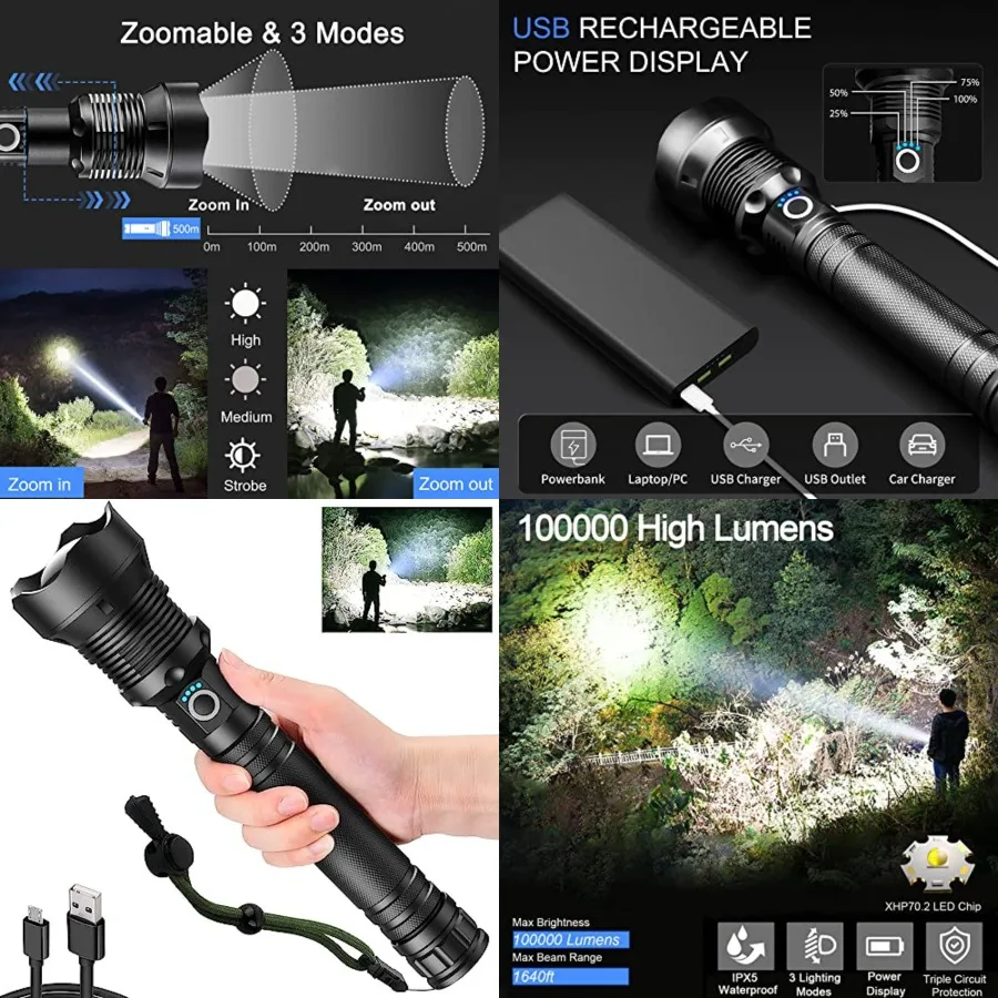 Rechargeable LED Flashlights, 100000 High Lumens Super Bright Flashlights with 5 Modes Waterproof Zoomable Flash Light for Outd
Rechargeable LED Flashlights, 100000 High Lumens Super Bright Flashlights with 5 Modes Waterproof Zoomable Flash Light for Outd