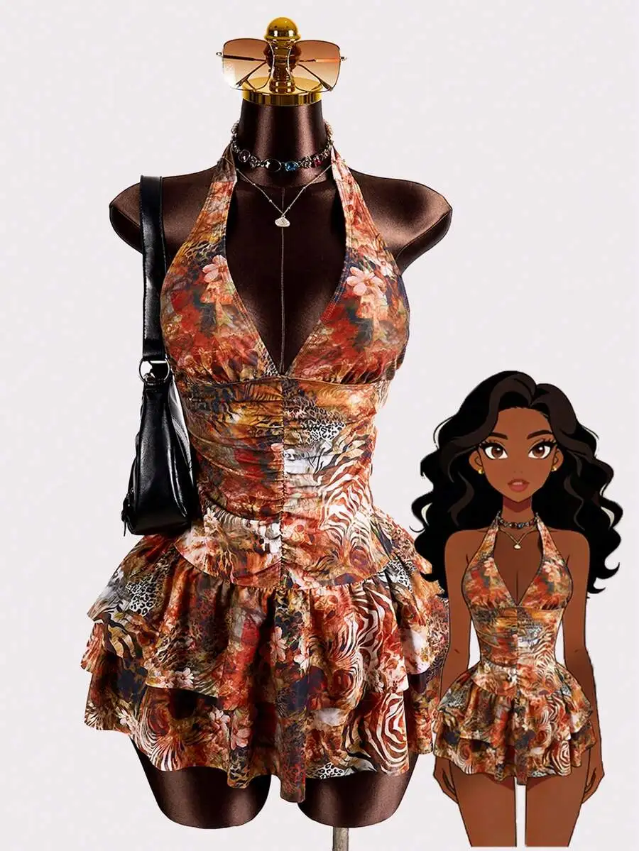 Womens Halter Ruched Swimsuit With Ruffled Hem Animal Print Combination Print Swimdress Two Piece Set
Womens Halter Ruched Swimsuit With Ruffled Hem Animal Print Combination Print Swimdress Two Piece Set