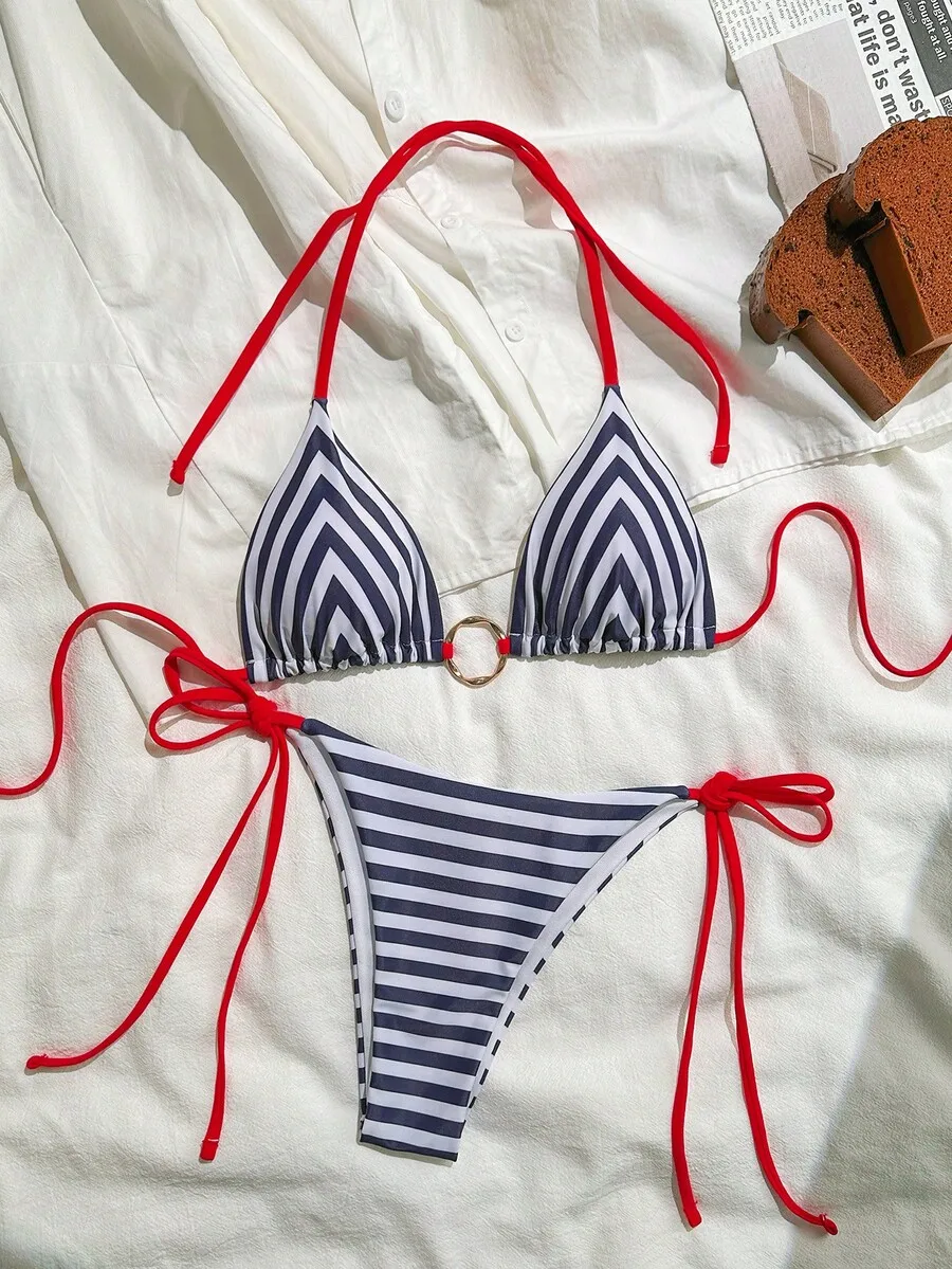 Womens Striped Triangle Bikini Set With Red Ties For Beach Summer Vacation
Womens Striped Triangle Bikini Set With Red Ties For Beach Summer Vacation