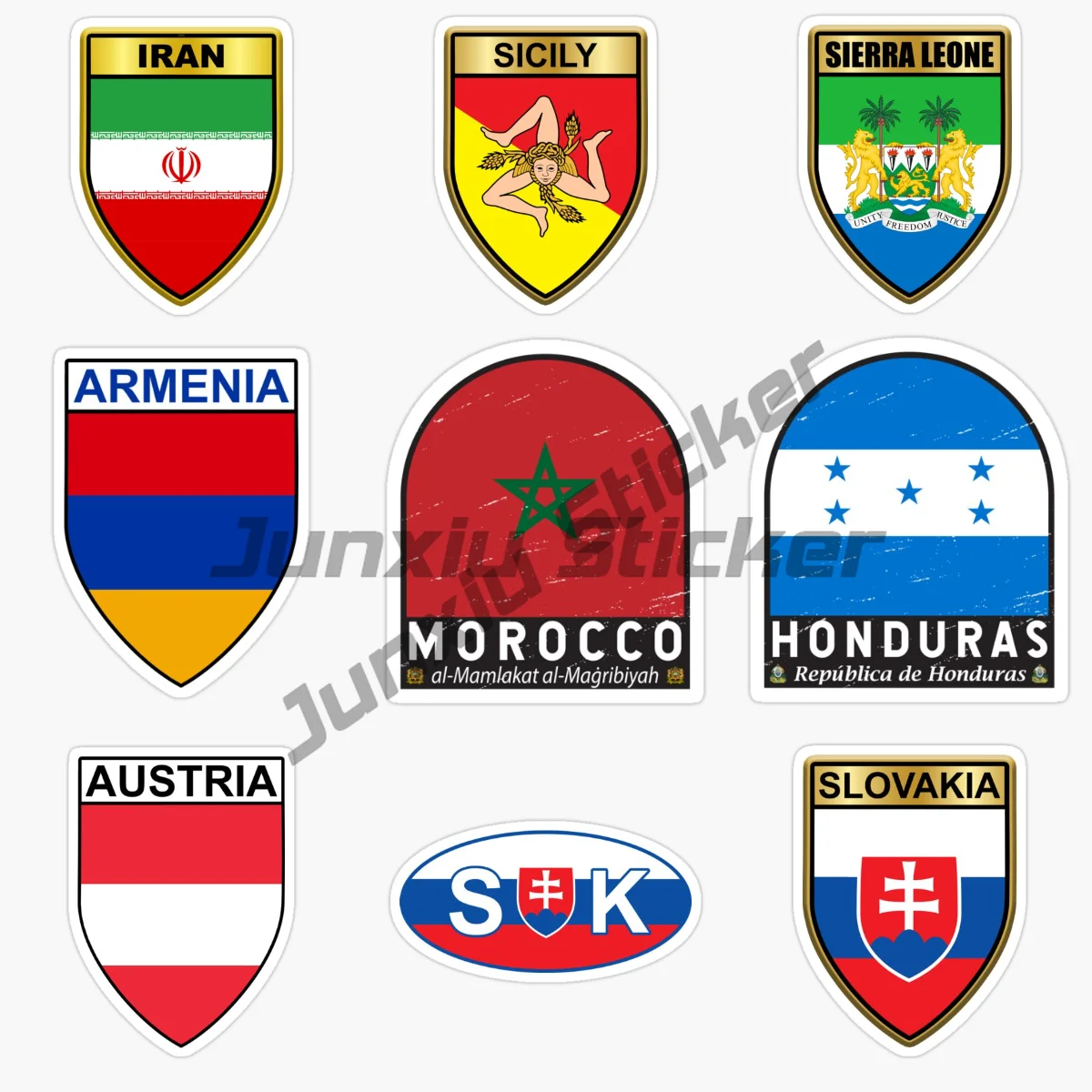 SICILY IRAN SLOVAKIA AUSTRIA ARMENIA HONDURAS SIERRA LEONE MOROCCO Shield Flag Car Stickers Vinyl Self Adhesive Stickers
SICILY IRAN SLOVAKIA AUSTRIA ARMENIA HONDURAS SIERRA LEONE MOROCCO Shield Flag Car Stickers Vinyl Self Adhesive Stickers