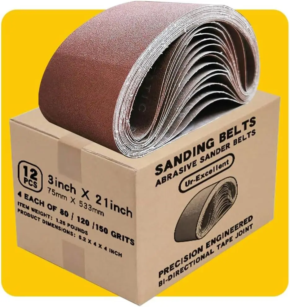 12-Pack 3x21 Inch Sanding Belts, Aluminum Oxide for Sander with 80/120/150 Grits
12-Pack 3x21 Inch Sanding Belts, Aluminum Oxide for Sander with 80/120/150 Grits