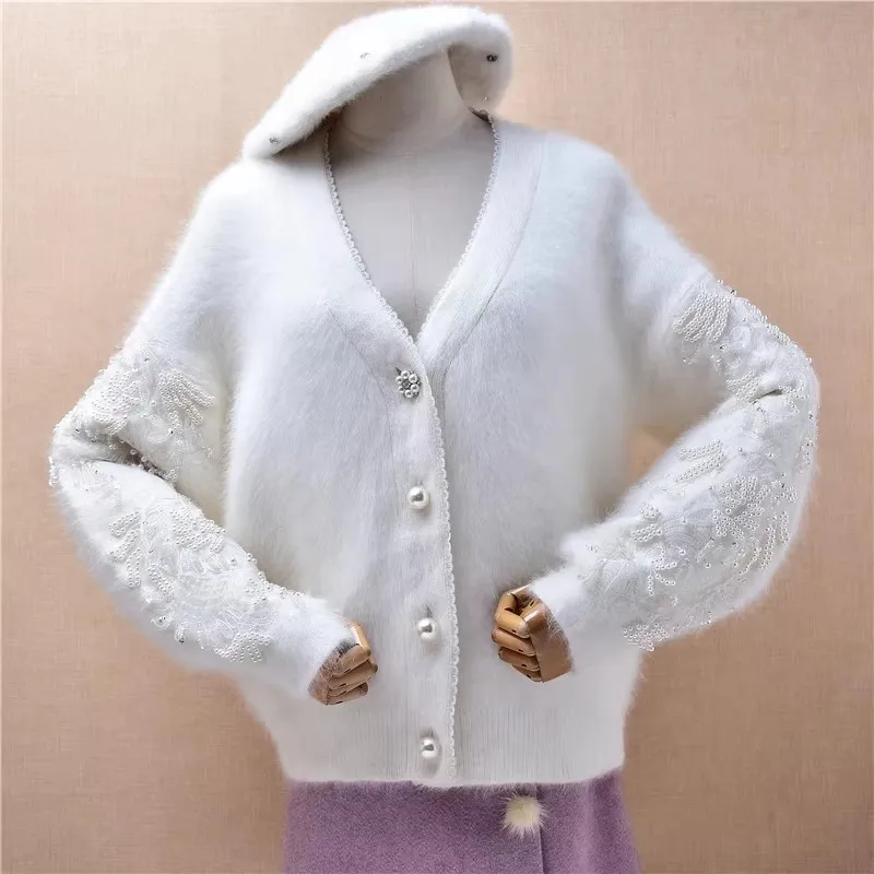 Women Mujer Autumn Winter Clothing White Fashion Beading Hairy Mink Cashmere Knitted V-Neck Long Lantern Sleeves Cardigans Coat
Women Mujer Autumn Winter Clothing White Fashion Beading Hairy Mink Cashmere Knitted V-Neck Long Lantern Sleeves Cardigans Coat