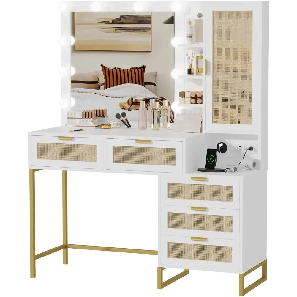 Makeup Vanity Desk with Mirror, 10 Light Bulbs, 2 USB Ports and Power Outlets, Modern Vanity Desk with 5 Drawers, 3 Storage Shel
Makeup Vanity Desk with Mirror, 10 Light Bulbs, 2 USB Ports and Power Outlets, Modern Vanity Desk with 5 Drawers, 3 Storage Shel