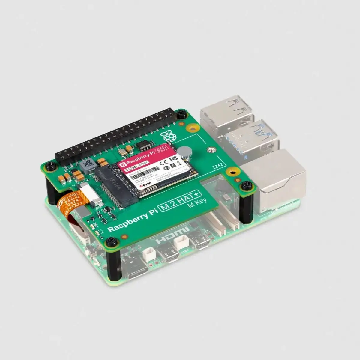 for Raspberry Pi 5 Raspberry Pi M.2 HAT+ with PCI-E cable, Raspberry Pi NVMe 2230 SSD 256GB 512GB, 16mm GPIO Stacking Header