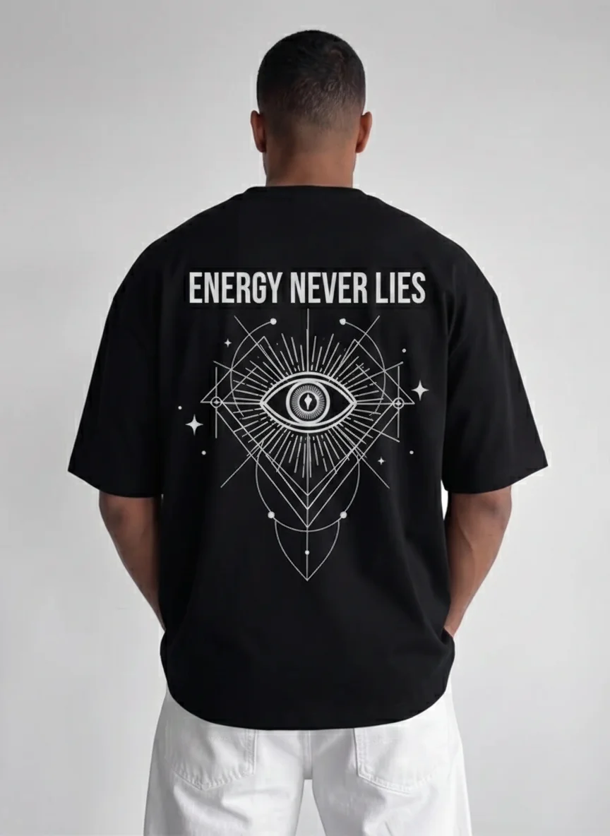 Mens Black Graphic Tee with Mystical All Seeing Eye Back Print and Energy Never Lies Slogan Oversized Printed Tee Unisex Top
Mens Black Graphic Tee with Mystical All Seeing Eye Back Print and Energy Never Lies Slogan Oversized Printed Tee Unisex Top