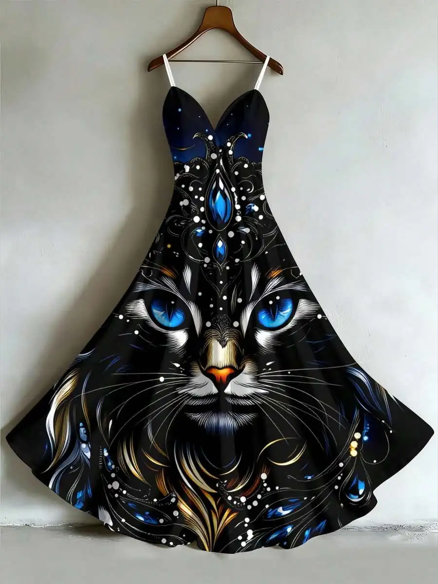 Womens Gothic Fantasy Cat Print V-Neck Sleeveless Maxi Swing Dress With Blue Eyes
Womens Gothic Fantasy Cat Print V-Neck Sleeveless Maxi Swing Dress With Blue Eyes