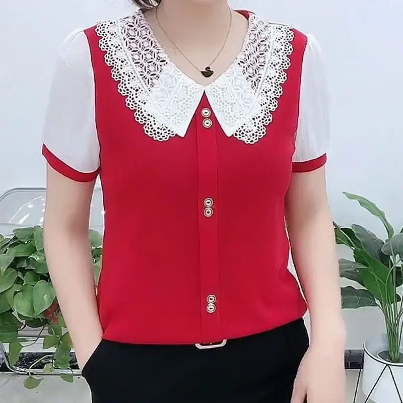 Elegant Fashion Summer Shirts Women's Spliced Lace Hollow Out Lapel Button Loose All-match Short Sleeve Pullover Chiffon Blouses
Elegant Fashion Summer Shirts Women's Spliced Lace Hollow Out Lapel Button Loose All-match Short Sleeve Pullover Chiffon Blouses