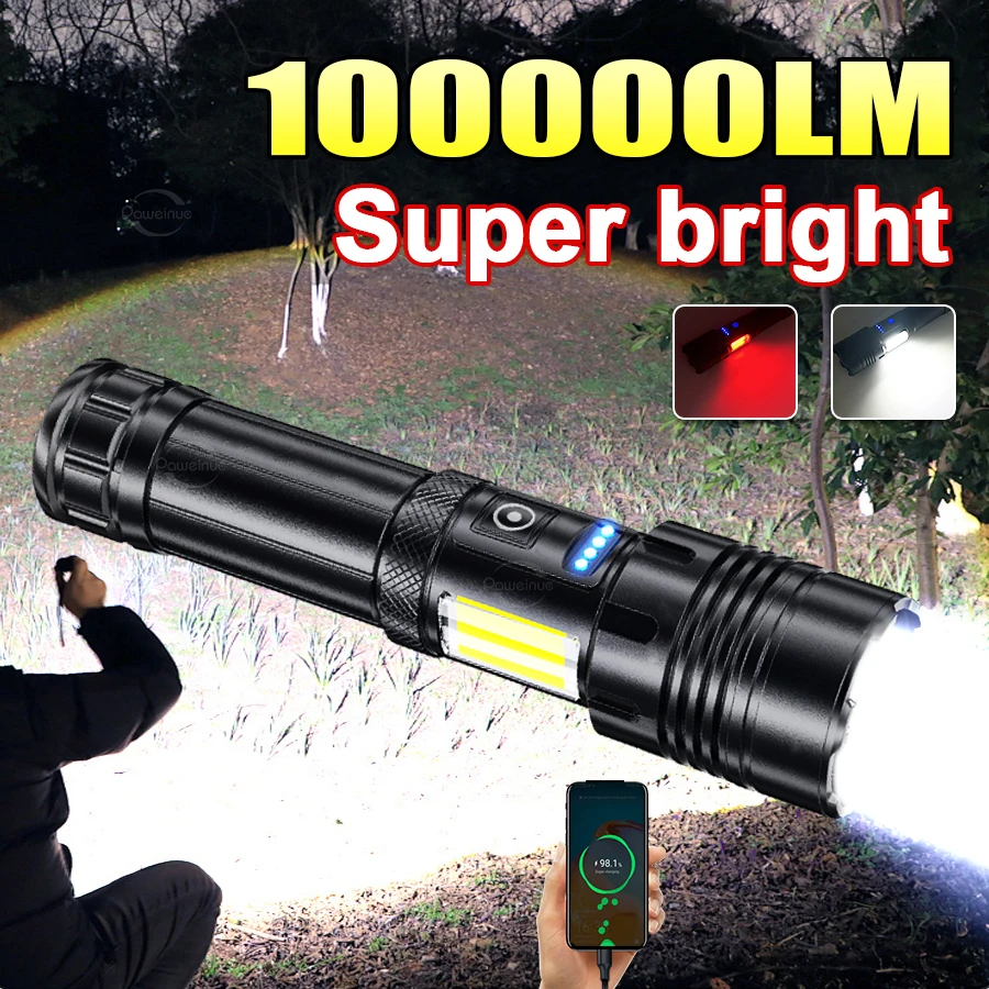 100000LM Super Bright Flashlights With COB Light Rechargeable Torch 7 Modes High Power LED Flashlight Camping Tactical Lantern
100000LM Super Bright Flashlights With COB Light Rechargeable Torch 7 Modes High Power LED Flashlight Camping Tactical Lantern