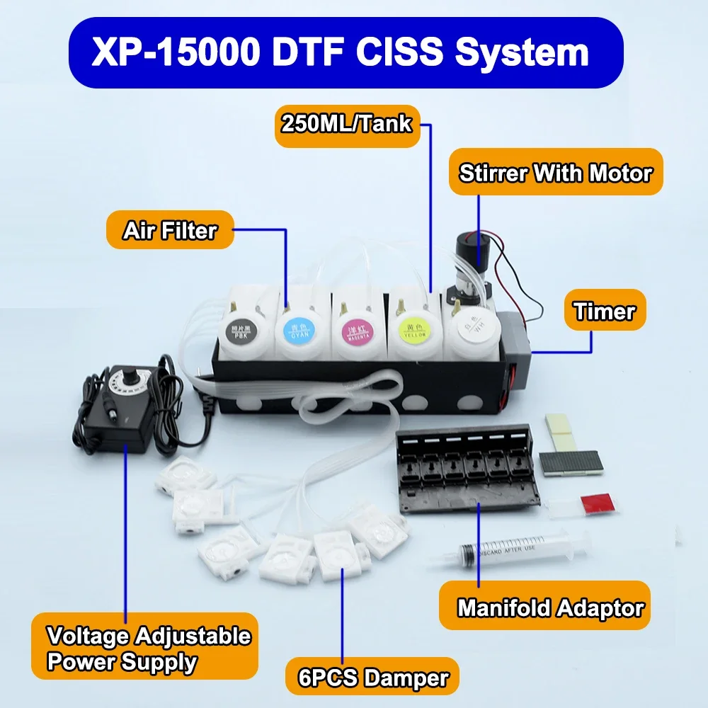 XP-15000 XP15000 DTF CISS Ink System With Printhead Adaptor Manifold Damper White Ink Tank Stirrer Mixer Timer Control
XP-15000 XP15000 DTF CISS Ink System With Printhead Adaptor Manifold Damper White Ink Tank Stirrer Mixer Timer Control