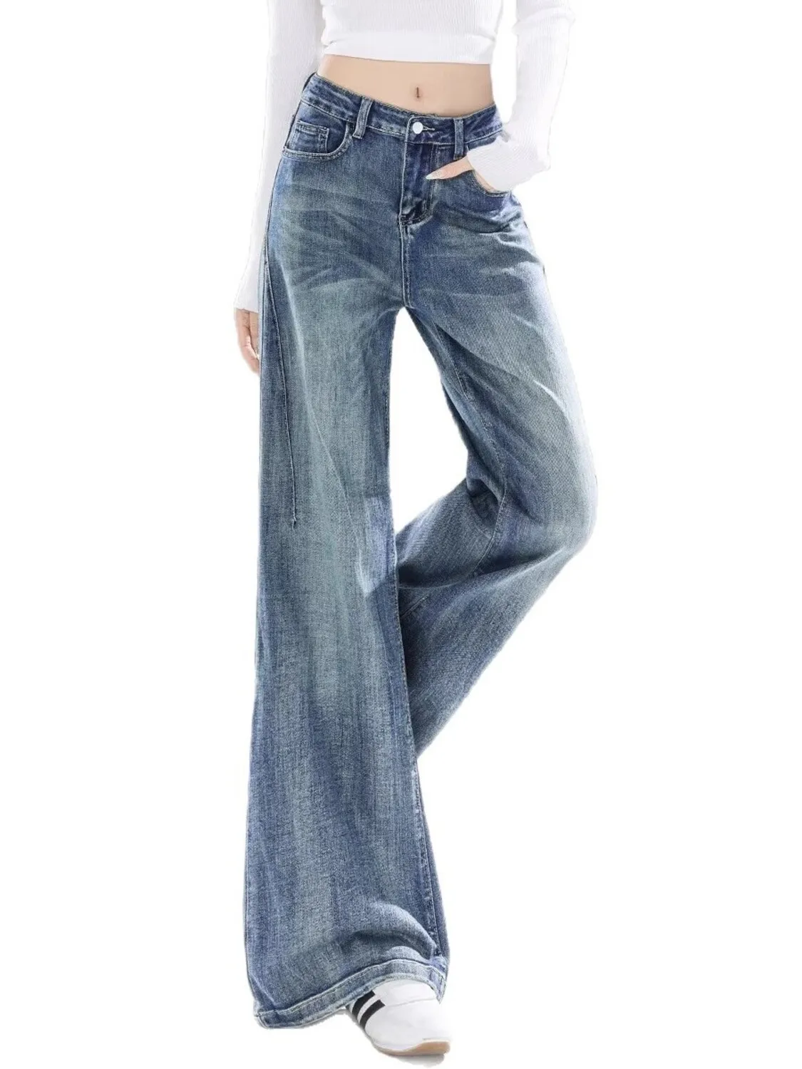 Women's Vintage Washed High Waist Wide Leg Jeans Diagonal Panel Seam Denim Pants Cuffed Hem
Women's Vintage Washed High Waist Wide Leg Jeans Diagonal Panel Seam Denim Pants Cuffed Hem