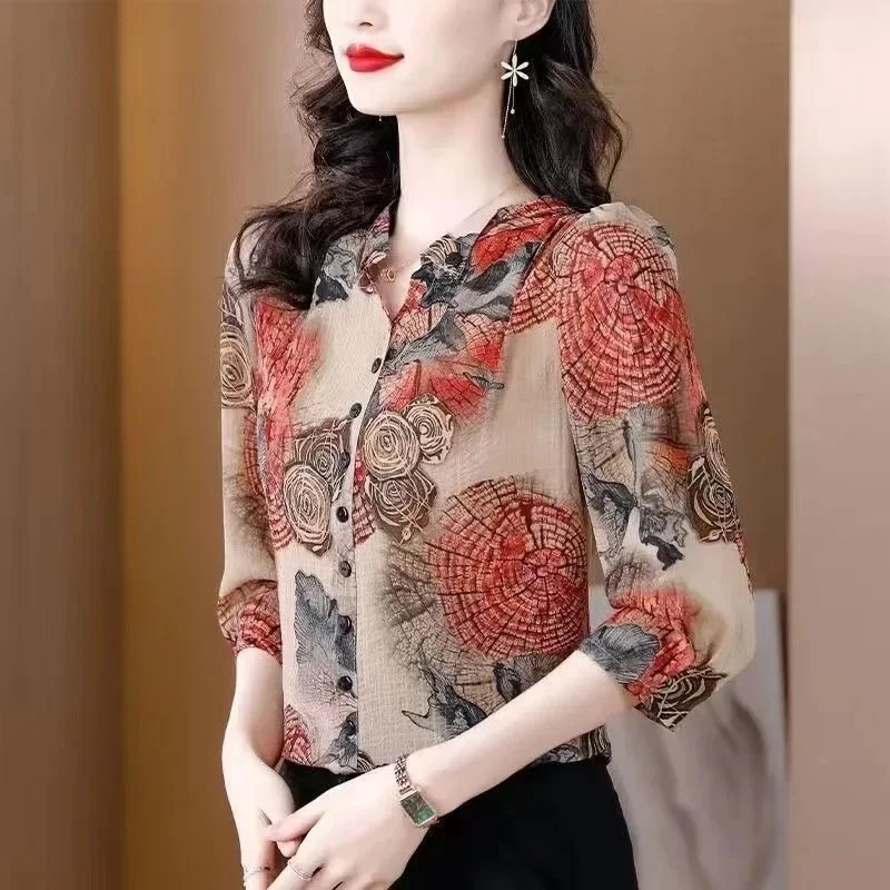 Рубашка большого размера с принтом, женская летняя рубашка среднего возраста с пятью манжетами, свободная блузка на животе, тонкая маленькая верхняя одежда
Рубашка большого размера с принтом, женская летняя рубашка среднего возраста с пятью манжетами, свободная блузка на животе, тонкая маленькая верхняя одежда
