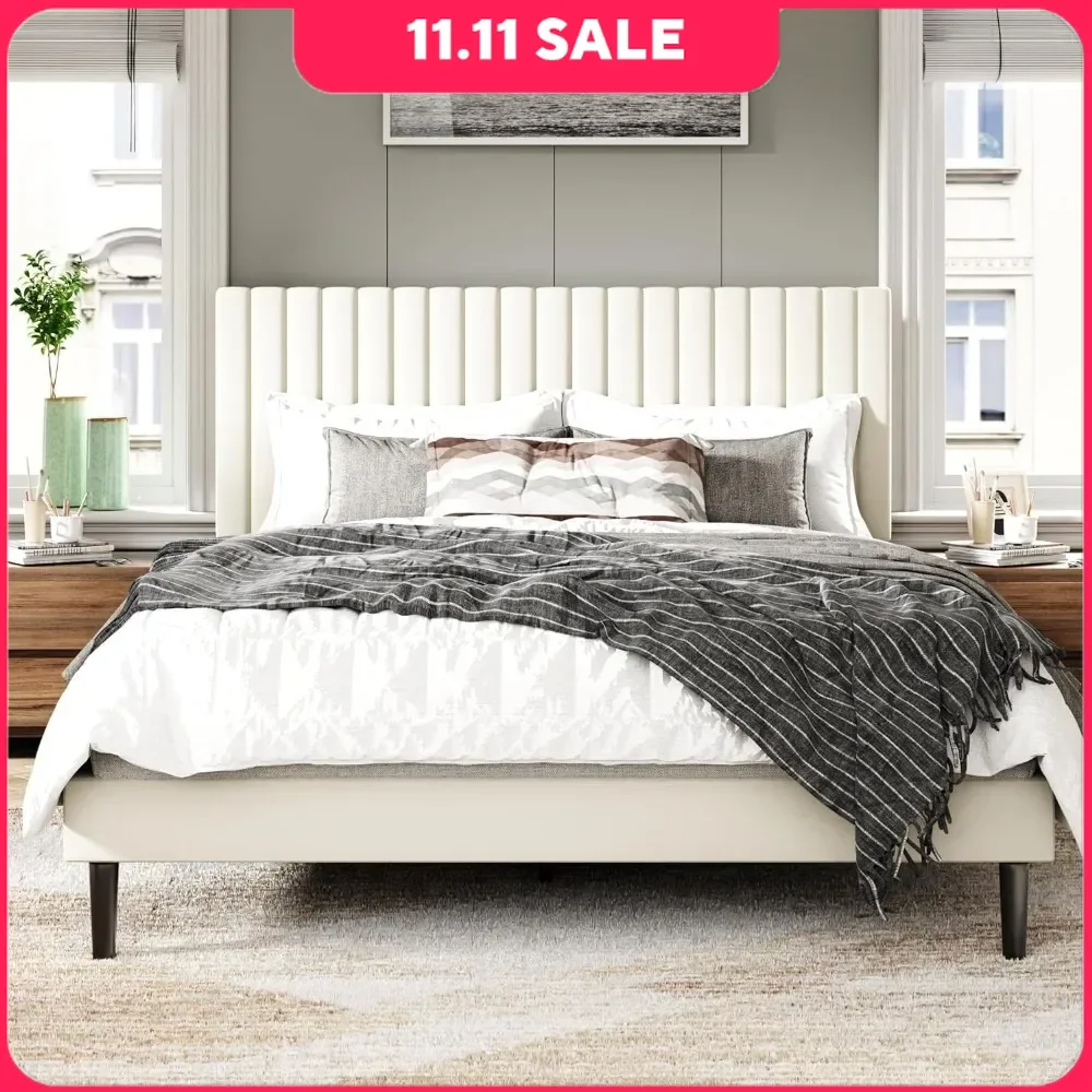 King Size Bed Frame with Velvet Upholstered Headboard, Strong Wood Slats Box Spring Optional, Platform Bed
King Size Bed Frame with Velvet Upholstered Headboard, Strong Wood Slats Box Spring Optional, Platform Bed