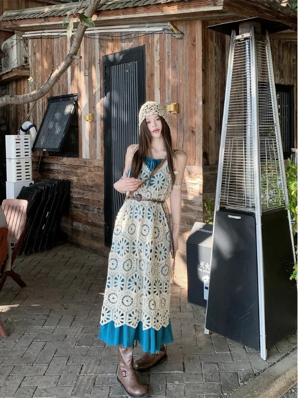 Retro Summer Vacation Style Women's Two-Piece Set Hollow out Hook Flower Strap Dress Bohemian Ethnicity round Neck Commute Style
Retro Summer Vacation Style Women's Two-Piece Set Hollow out Hook Flower Strap Dress Bohemian Ethnicity round Neck Commute Style