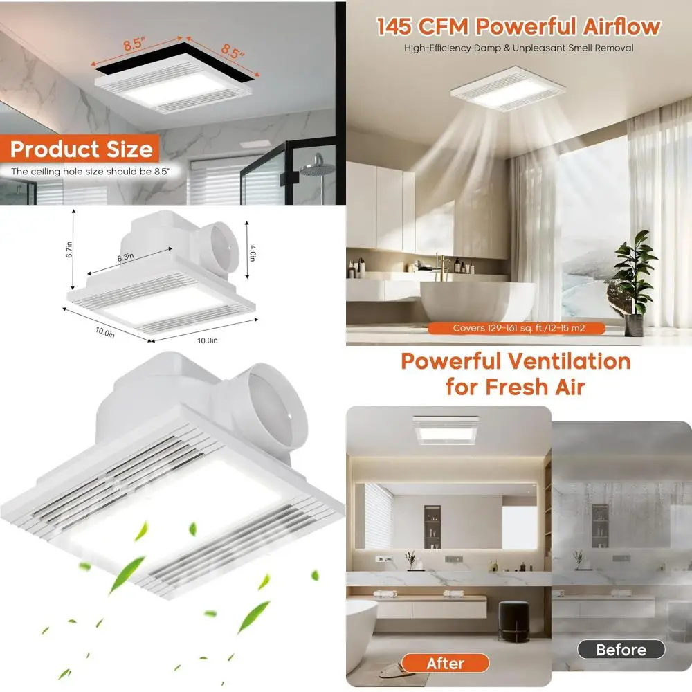 Ultra Quiet 10 6500K LED Bathroom Exhaust Fan with 1.0 Sone, 145 CFM, 8.3 Square Mount, 1500 Lumens Ceiling Ventilation
Ultra Quiet 10 6500K LED Bathroom Exhaust Fan with 1.0 Sone, 145 CFM, 8.3 Square Mount, 1500 Lumens Ceiling Ventilation