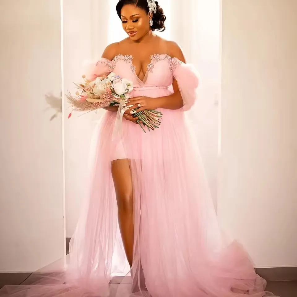 Sweet Pink Split Long Tulle Bridal Dresses Appliques Short Cap Sleeves Tutu Tulle Wedding Robe Customized 2025
Sweet Pink Split Long Tulle Bridal Dresses Appliques Short Cap Sleeves Tutu Tulle Wedding Robe Customized 2025