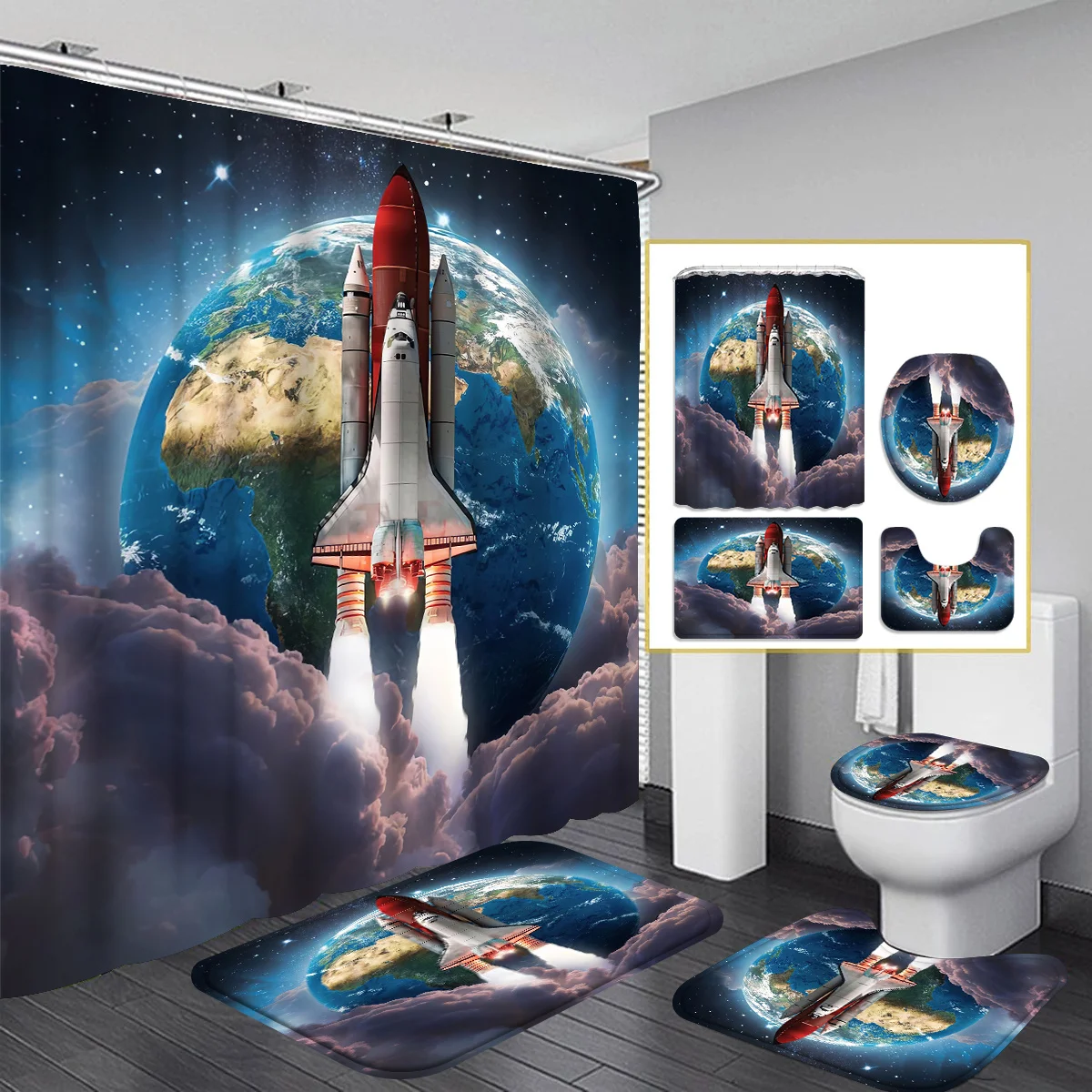 Space Shuttle Launch Bathroom Set: Waterproof Shower Curtain, Soft Contour Rug, Stylish Toilet Lid Cover, Non-Slip Bathtub Mat
Space Shuttle Launch Bathroom Set: Waterproof Shower Curtain, Soft Contour Rug, Stylish Toilet Lid Cover, Non-Slip Bathtub Mat