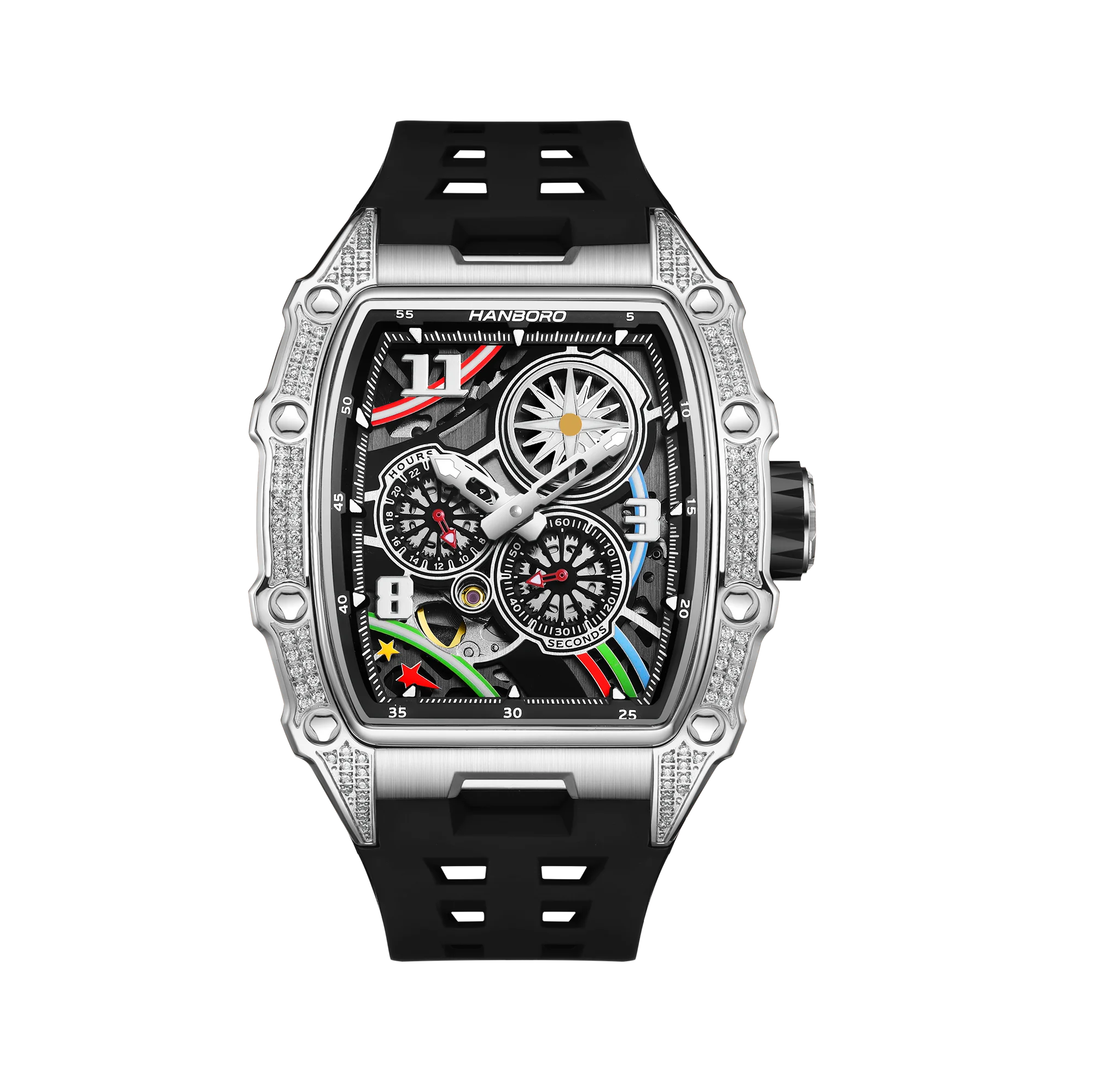 Мужские автоматические механические часы HANBORO с вращающимся бриллиантовым безелем и цветным циферблатом
Мужские автоматические механические часы HANBORO с вращающимся бриллиантовым безелем и цветным циферблатом