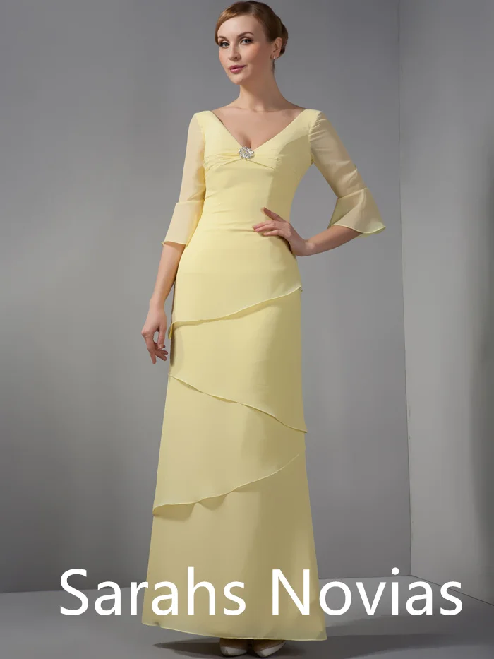 Long Sheath Yellow Tiered Chiffon Mother Of The Bride Dresses With Sleeves V Neck Modest Mother's Formal Wear For Wedding
Long Sheath Yellow Tiered Chiffon Mother Of The Bride Dresses With Sleeves V Neck Modest Mother's Formal Wear For Wedding