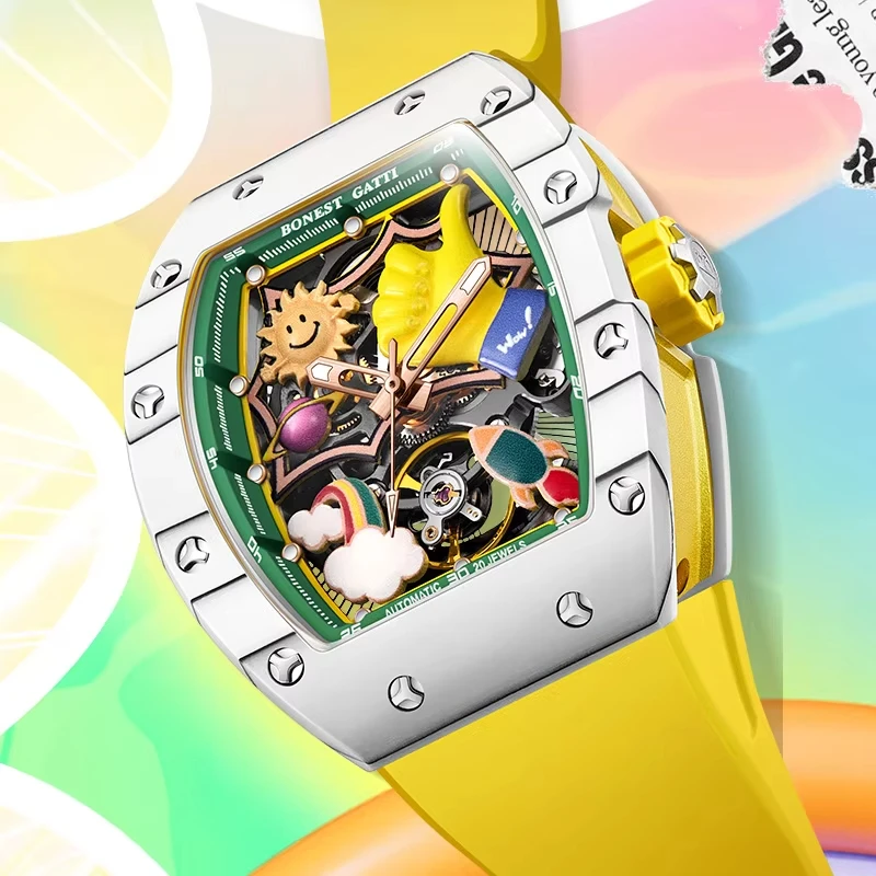 Мужские автоматические часы BONEST GATTI 9001 с карбоновым безелем, стеклянным покрытием, светящимся 3D-циферблатом с мультяшным дизайном, механические наручные часы
Мужские автоматические часы BONEST GATTI 9001 с карбоновым безелем, стеклянным покрытием, светящимся 3D-циферблатом с мультяшным дизайном, механические наручные часы