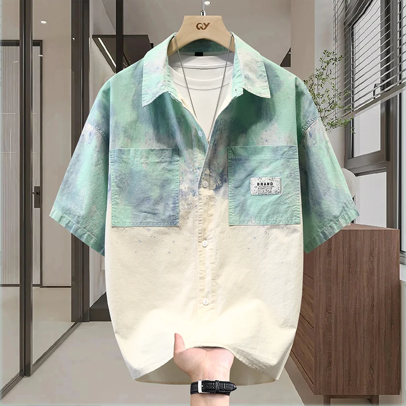 Loose Casual Men's irt Summer New Sle adient Color f Sve Patchwork Workwear Breathable Cotton Youth Faion
Loose Casual Men's irt Summer New Sle adient Color f Sve Patchwork Workwear Breathable Cotton Youth Faion