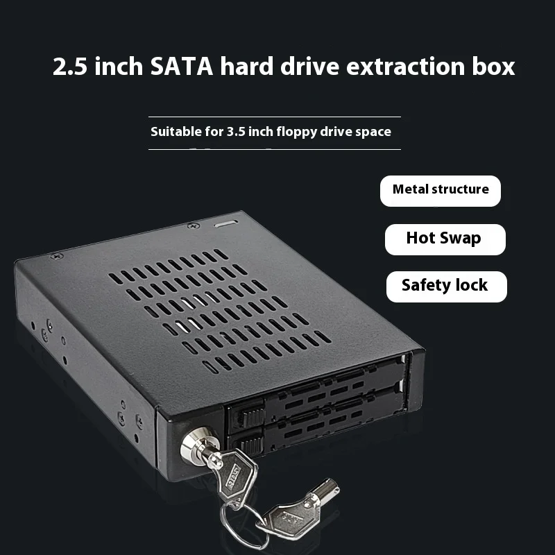 The Unestech 2-bay SATA Metal Hot-Swappable Hard Drive Extractor Cassette with Lock is designed for 3.5" floppy drive bays. 
The Unestech 2-bay SATA Metal Hot-Swappable Hard Drive Extractor Cassette with Lock is designed for 3.5" floppy drive bays.
