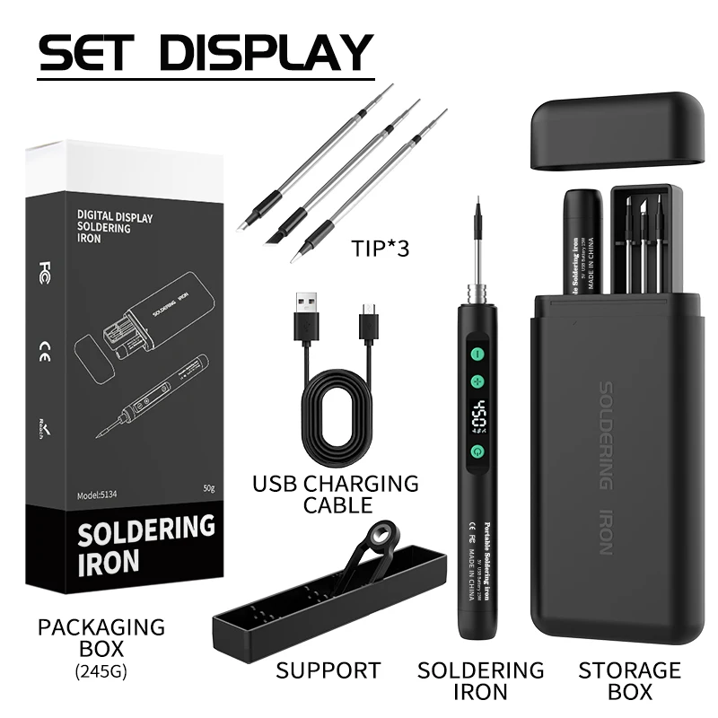 Portable USB Digital Display Soldering Iron Kit 8S Rapid Heating 180-450℃ Rechargeable Soldering Tool for Electronics Repair DIY
Portable USB Digital Display Soldering Iron Kit 8S Rapid Heating 180-450℃ Rechargeable Soldering Tool for Electronics Repair DIY