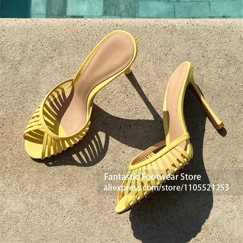 Yellow Caged Strap Mules Round Peep Toe Summer Shoes Thin Stiletto Heel Slip On Slippers Custom Summer Heeled Slides for Women
Yellow Caged Strap Mules Round Peep Toe Summer Shoes Thin Stiletto Heel Slip On Slippers Custom Summer Heeled Slides for Women