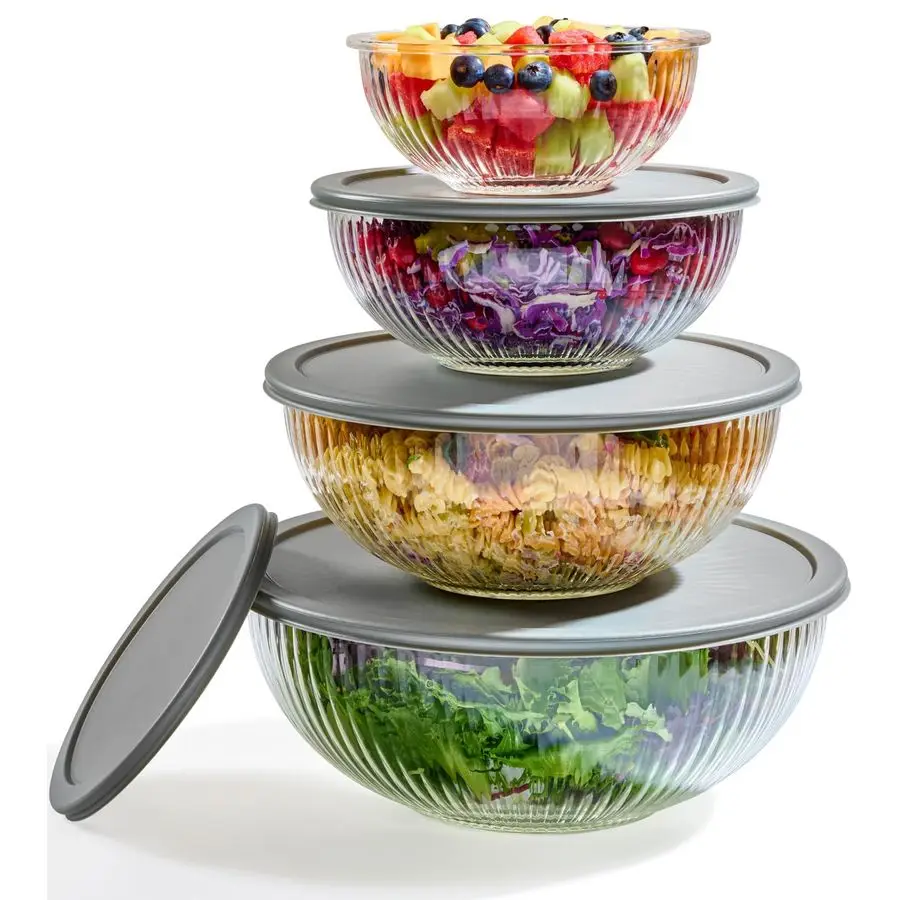 Набор стеклянных мисок с ребристой поверхностью и герметичными крышками, без бисфенола А, для приготовления еды, штабелируемые, экономия места, для кухни и выпечки
Набор стеклянных мисок с ребристой поверхностью и герметичными крышками, без бисфенола А, для приготовления еды, штабелируемые, экономия места, для кухни и выпечки