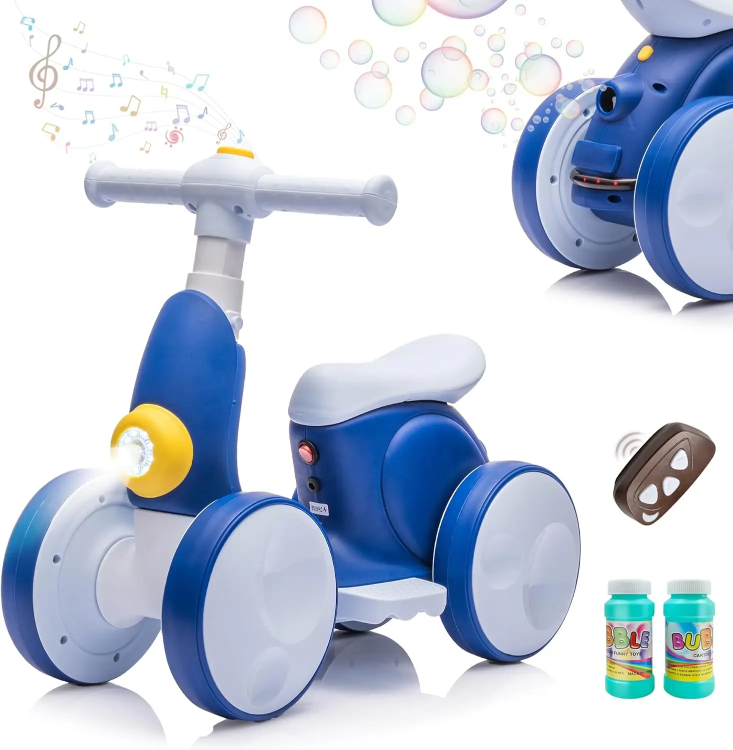 6V Electric Toddler Balance Bike with Bubble Machine, Remote Control, Music & LED Lights for Kids Ages 1-3 (Blue)
6V Electric Toddler Balance Bike with Bubble Machine, Remote Control, Music & LED Lights for Kids Ages 1-3 (Blue)