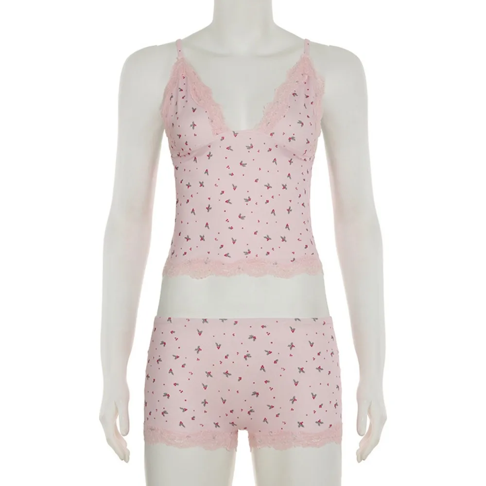 Two-piece Fashion Sexy Pajamas Set Pink Floral Lace Women Sleepwear Sleeveless Western Style Camisoles Tight Shorts Four Seasons
Two-piece Fashion Sexy Pajamas Set Pink Floral Lace Women Sleepwear Sleeveless Western Style Camisoles Tight Shorts Four Seasons