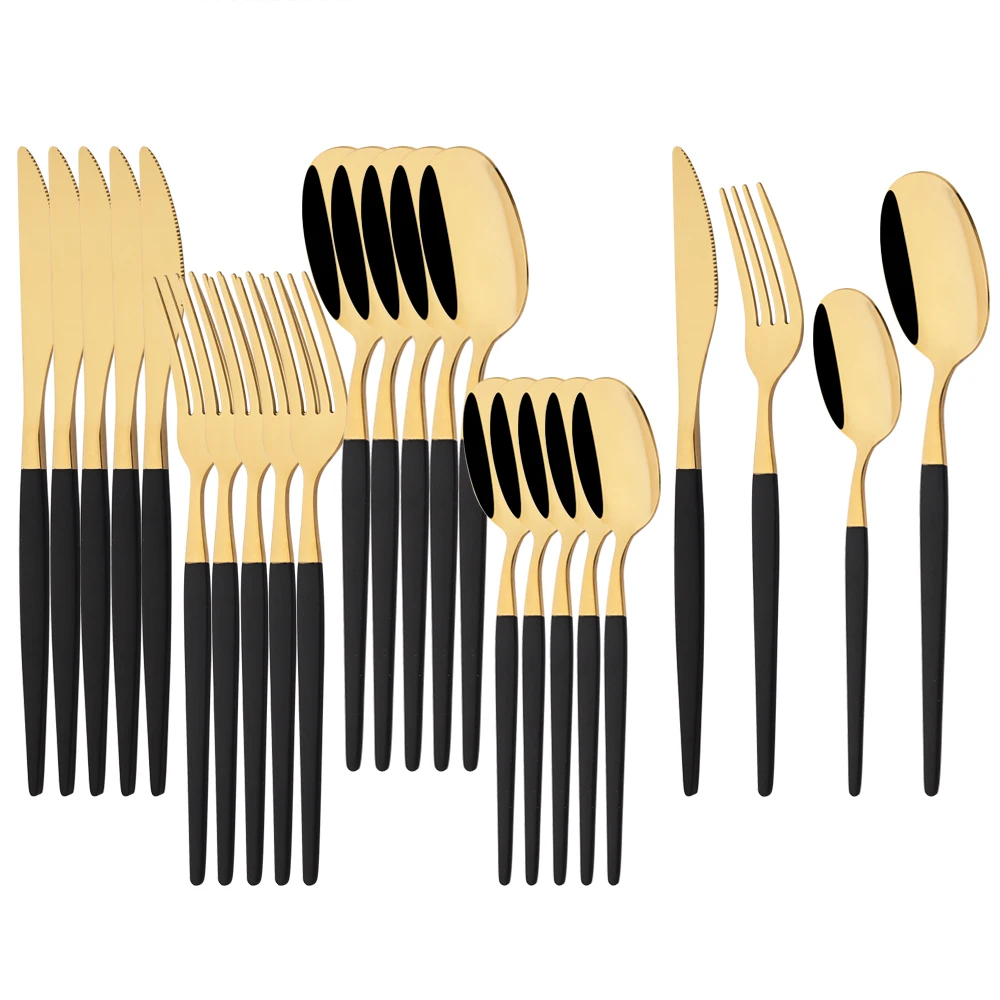 24Pcs Black Gold Dinnerware Set Stainless Steel Tableware Knife Fork Coffee Spoon Teaspoons Cutlery Set Party Kitchen Flatware
24Pcs Black Gold Dinnerware Set Stainless Steel Tableware Knife Fork Coffee Spoon Teaspoons Cutlery Set Party Kitchen Flatware