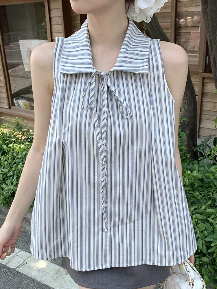 Zoki Sweet Sleeveless Striped Shirts Women Loose Sweet Vintage Lace Up Blouse French Elegant Casual Summer Female All Match Tops
Zoki Sweet Sleeveless Striped Shirts Women Loose Sweet Vintage Lace Up Blouse French Elegant Casual Summer Female All Match Tops