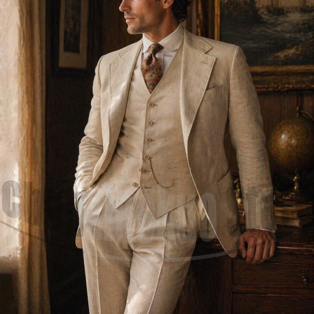 Men Linen 3 Piece Suit Peak Lapel Blazer Vest and Pants Formal Summer Wedding Beach Party Vintage Style Smart Casual Outfit
Men Linen 3 Piece Suit Peak Lapel Blazer Vest and Pants Formal Summer Wedding Beach Party Vintage Style Smart Casual Outfit