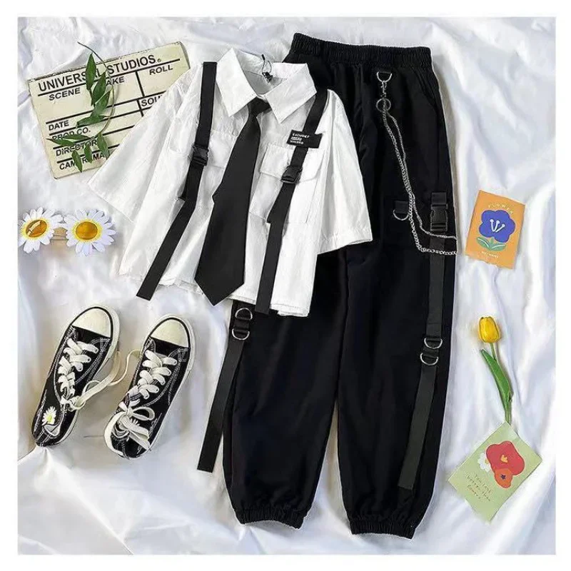 Women Cargo Pants 2 Two Piece Sets Female Suit Harajuku Shirts Tops + Ribbon Pocket Joggers Elastic Waist with Chain Streetwear
Women Cargo Pants 2 Two Piece Sets Female Suit Harajuku Shirts Tops + Ribbon Pocket Joggers Elastic Waist with Chain Streetwear