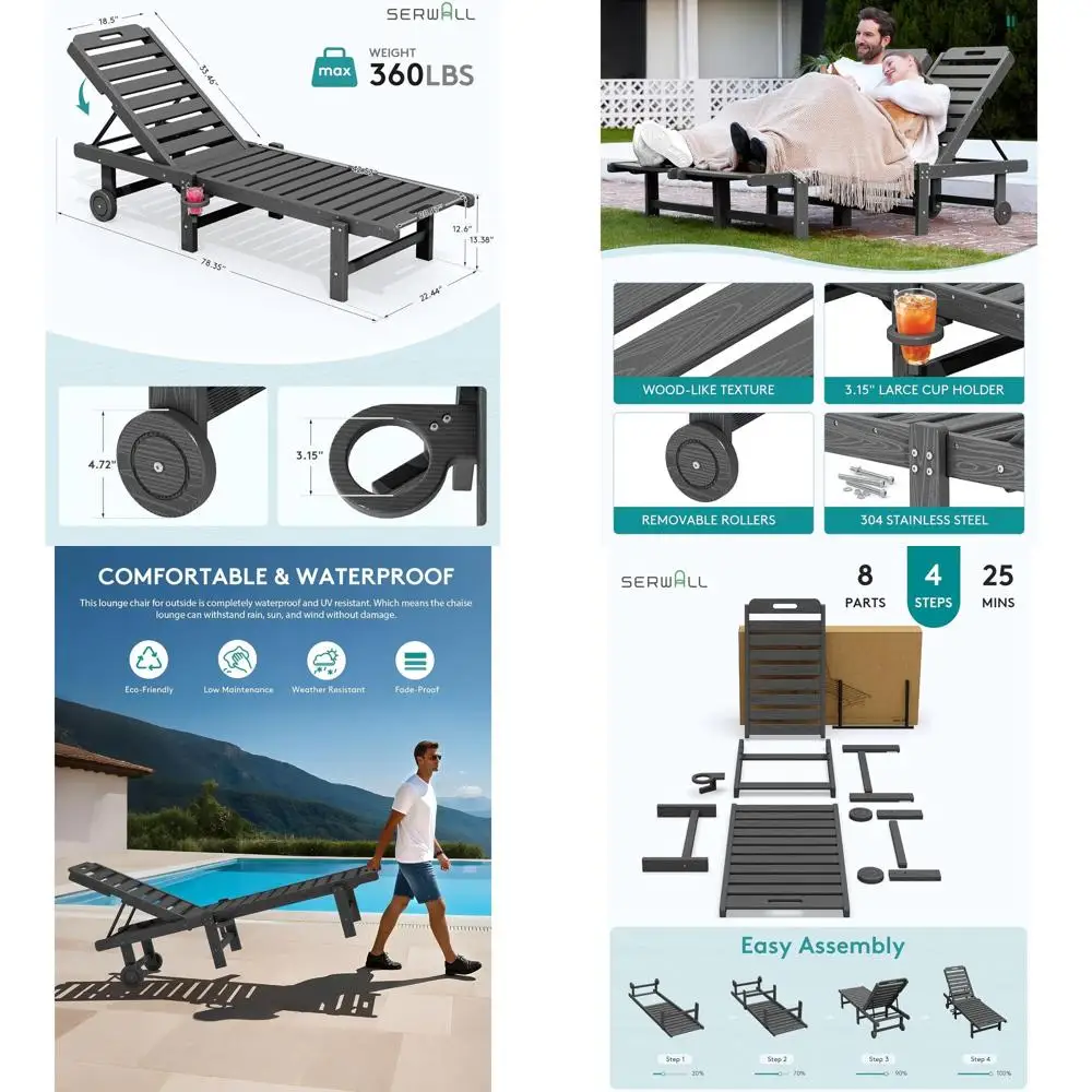 4-Piece Patio Lounge Set with Adjustable Reclining Backrests, HDPE Chairs on Wheels with Cup Holder, Ideal for Poolside, Beach,
4-Piece Patio Lounge Set with Adjustable Reclining Backrests, HDPE Chairs on Wheels with Cup Holder, Ideal for Poolside, Beach,