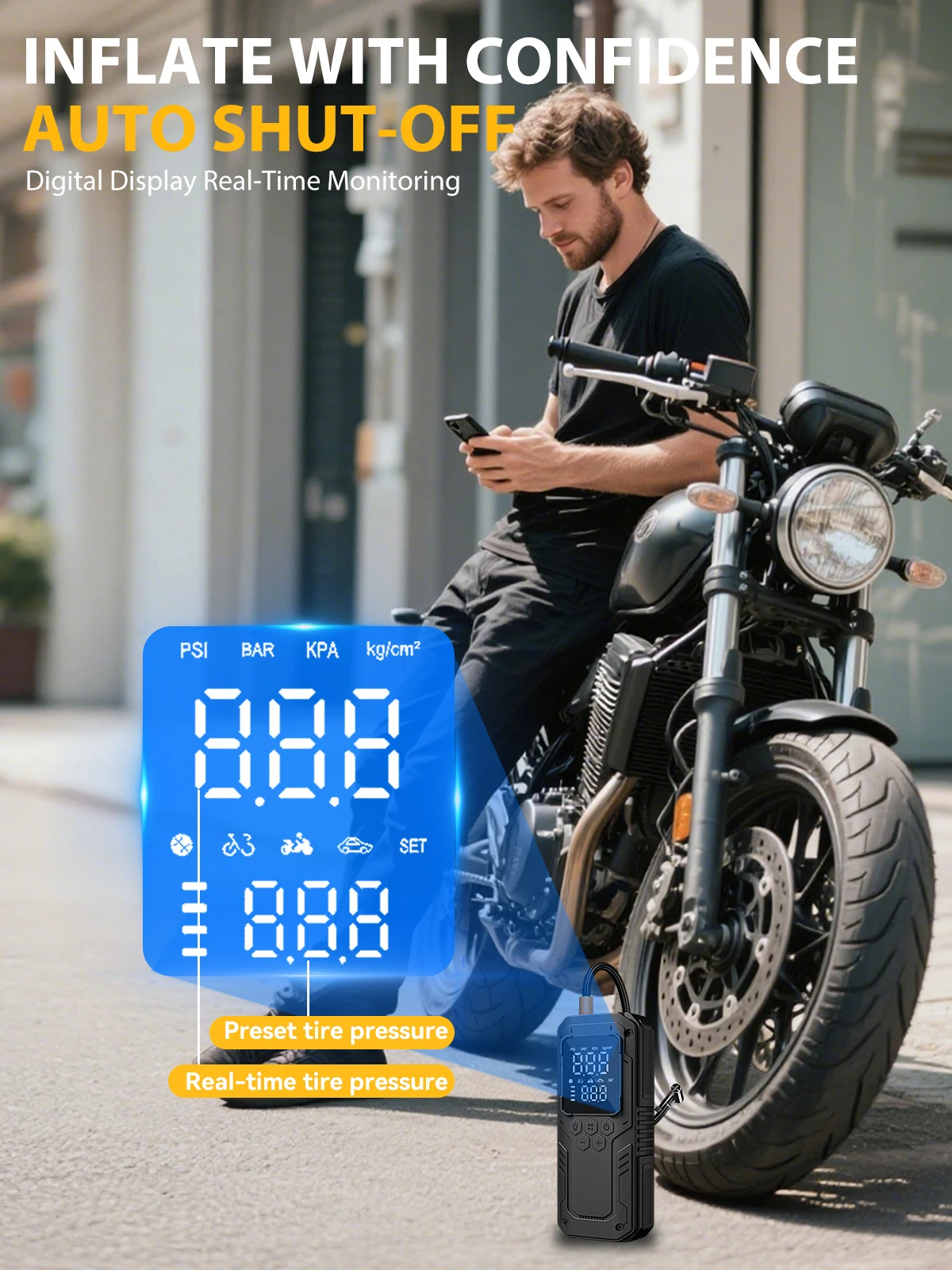 Portable Car Tire Inflator 150 PSI Air Compressor Wireless Air Pump for Car Motorcycles Bicycle Ball with DC Extended Power Cord
Portable Car Tire Inflator 150 PSI Air Compressor Wireless Air Pump for Car Motorcycles Bicycle Ball with DC Extended Power Cord