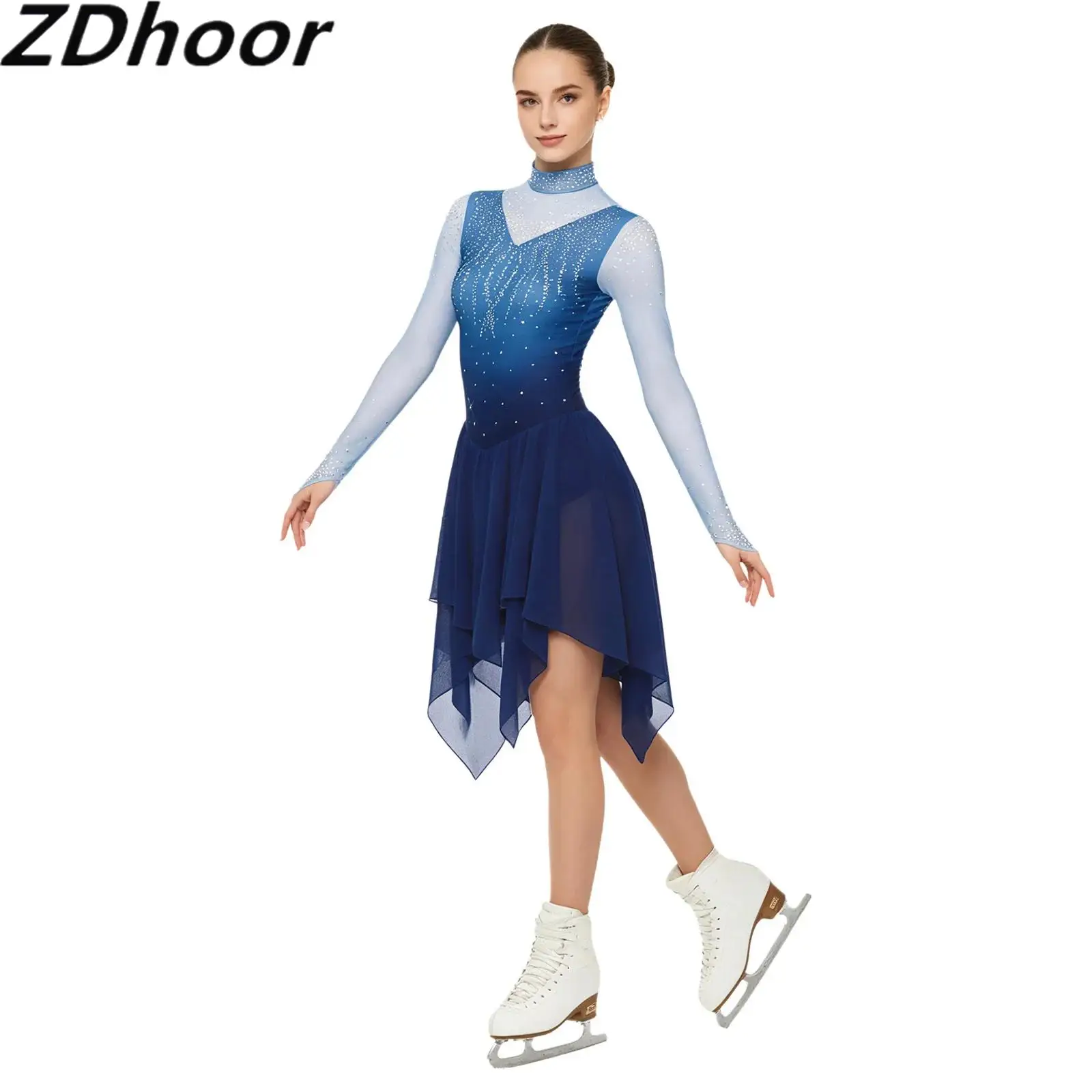 Women Figure Skating Bodysuit Dress Rhinestone Detail Gradient Color Long Sleeve Tiered Irregular Hem Dress with Built-in Briefs
Women Figure Skating Bodysuit Dress Rhinestone Detail Gradient Color Long Sleeve Tiered Irregular Hem Dress with Built-in Briefs